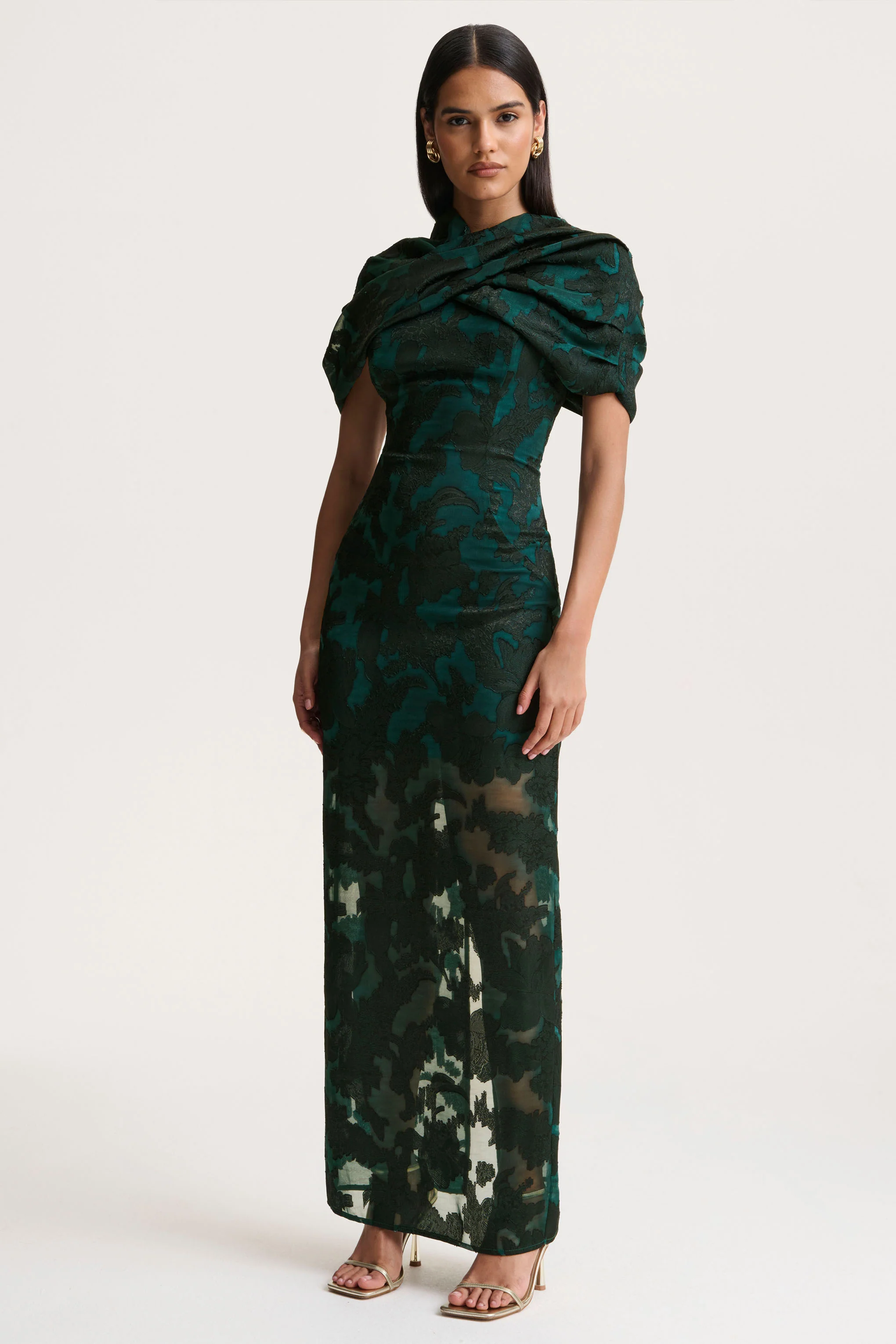 Hada | Dark Green Satin Devore Square-Neck Maxi Dress With Removable Twisted-Cape