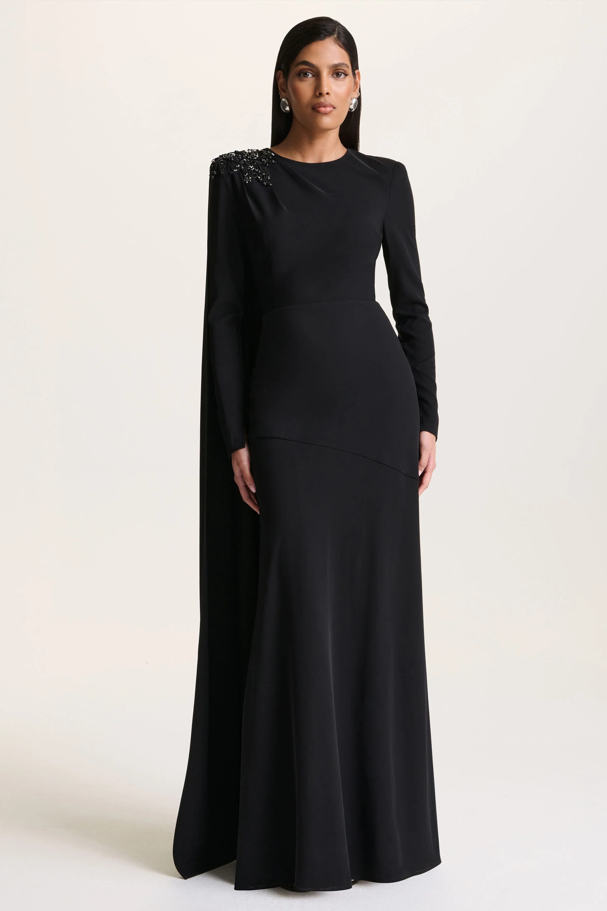 Reese | Black High-Neck Maxi Dress With Embellished Detail and Sash