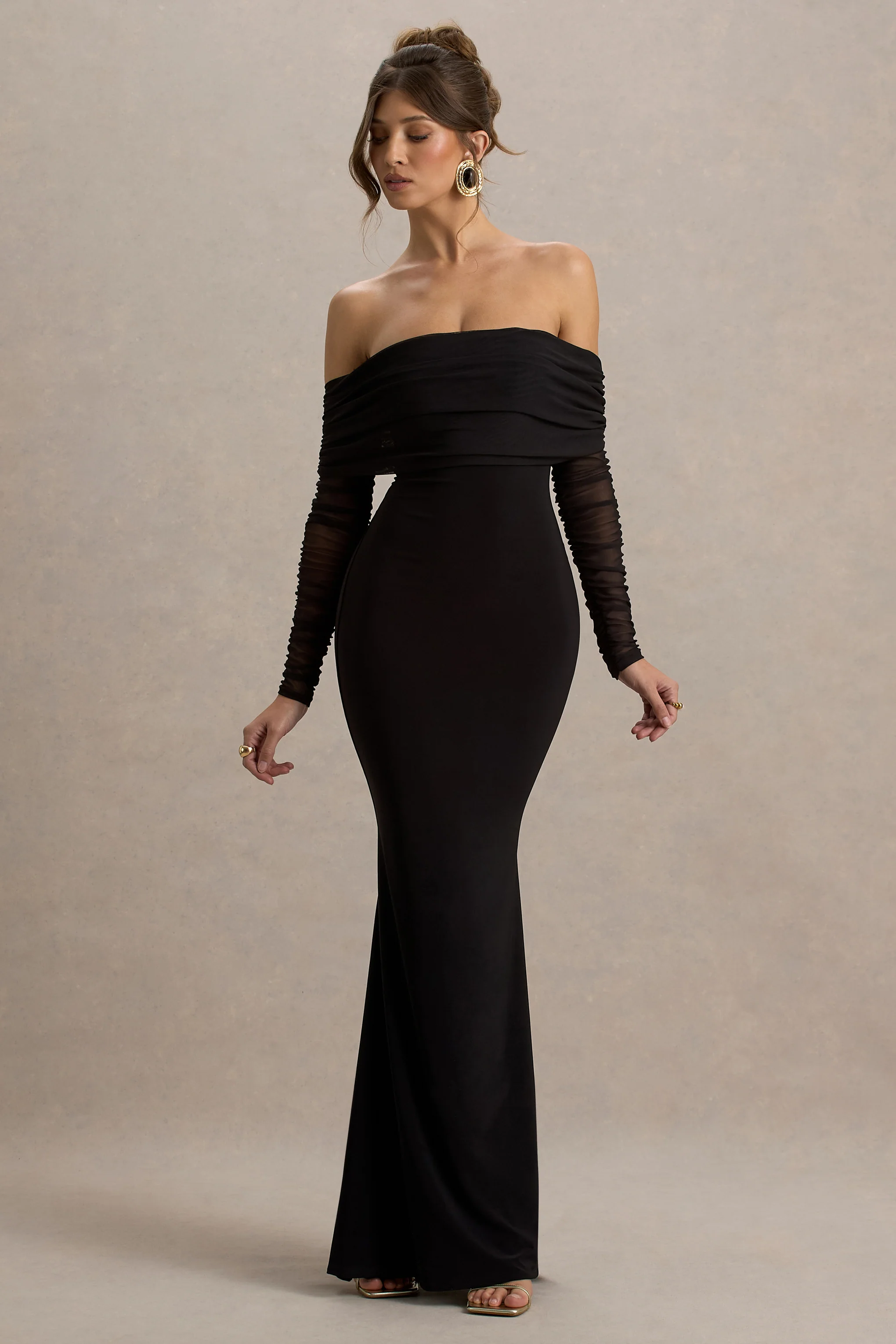Madeleine | Black Fishtail Maxi Dress With Bardot Mesh Long Sleeves