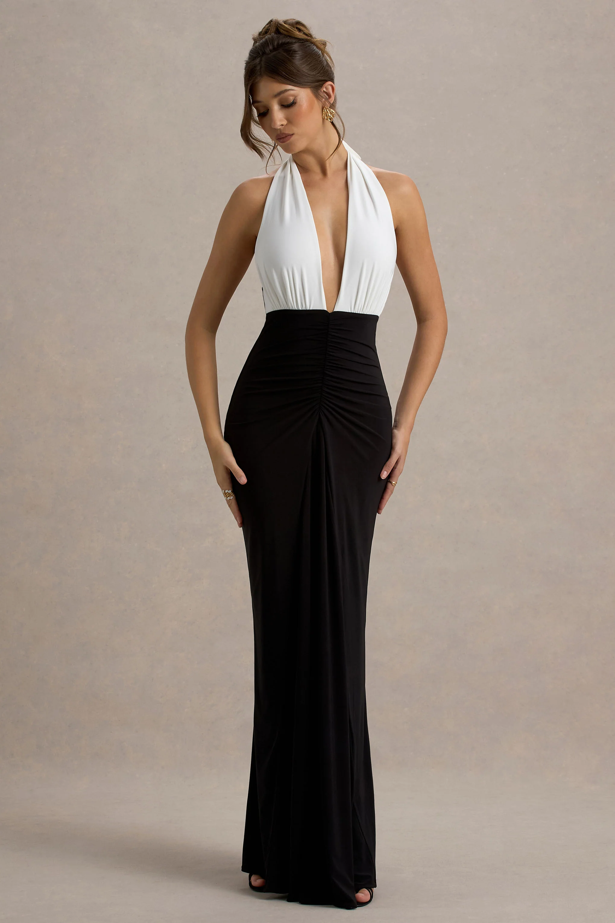 Payton | Black & White Ruched Halter-Neck Maxi Dress