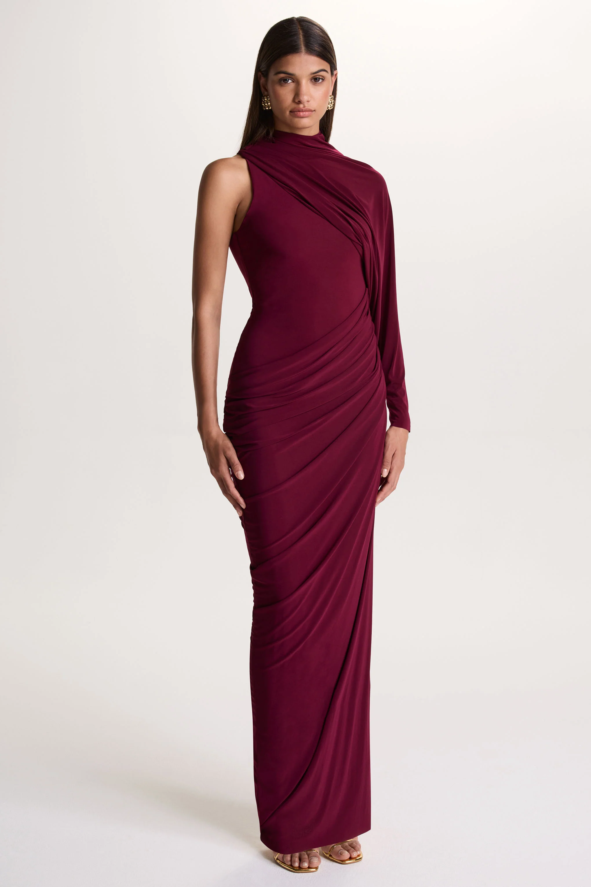 Aphra | Burgundy High-Neck Maxi Dress With Cape-Sleeve