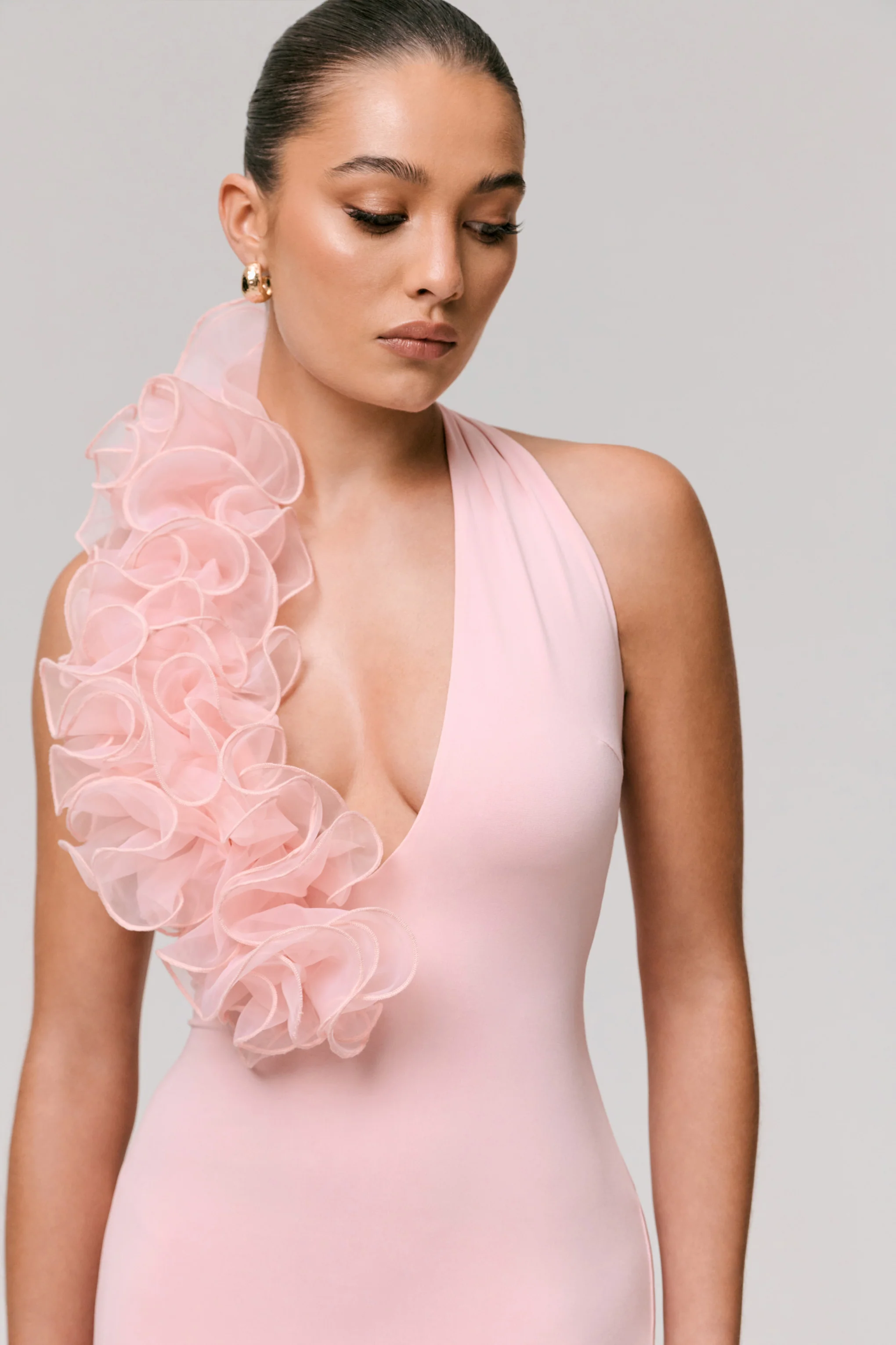 Harriet | Pink Plunge-Neck Maxi Dress With Floral Detail