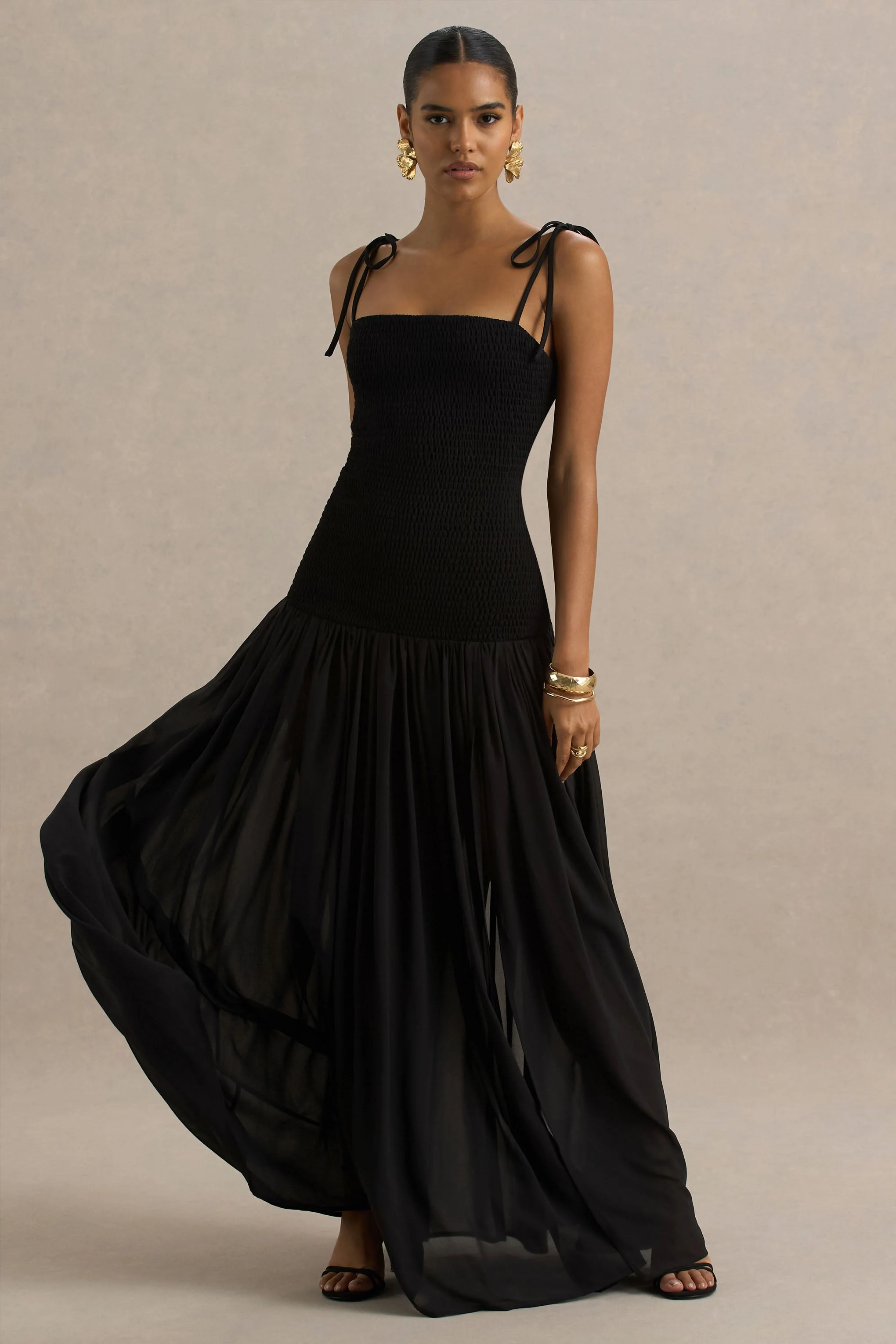 Maeva | Black Square-Neck Fishtail Maxi Dress With Ruched Detailing