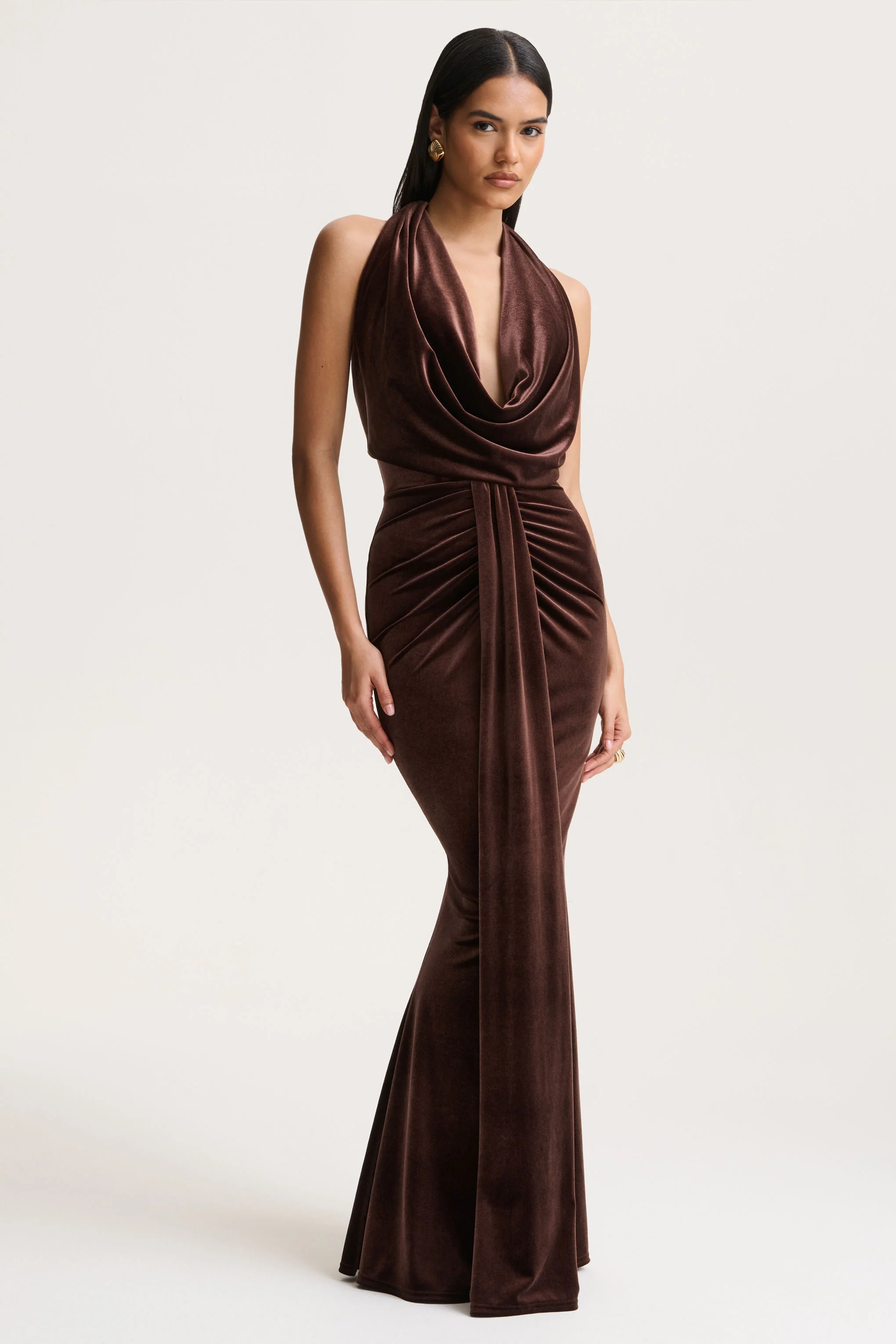 Lavernia | Brown Velvet Halter-Neck Maxi Dress With Gathered-Detailing