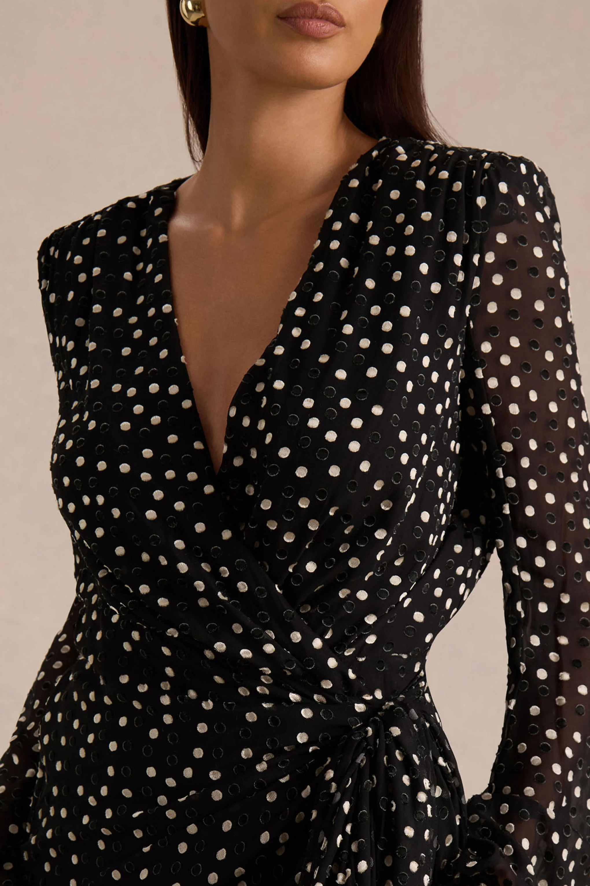 Mela | Black And White Polka Dot Plunge-Neck Mini Dress With Bell-Sleeves And Sash Detail