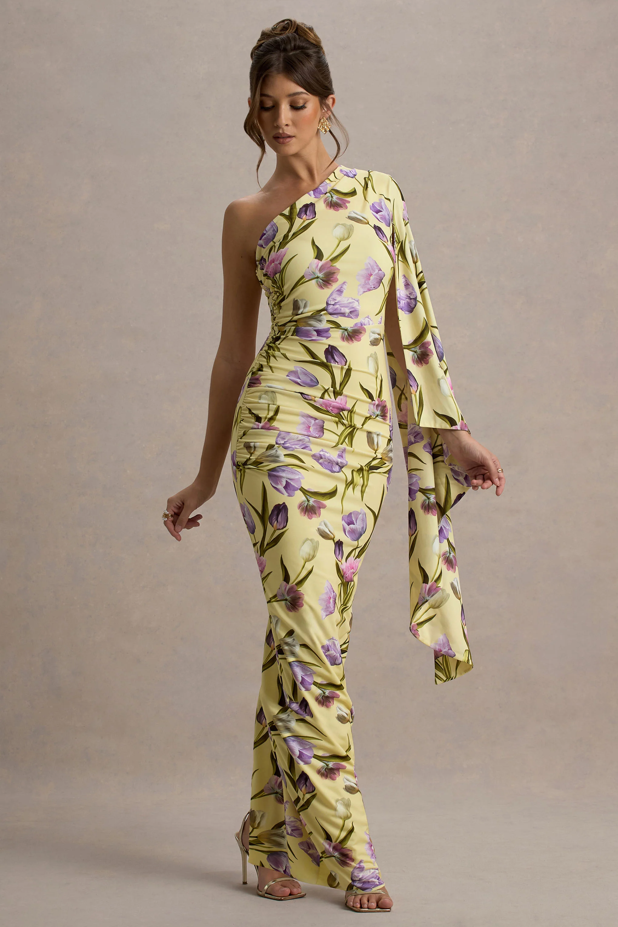 Clementina | Tulip Floral Print Asymmetric Cape Sleeve Maxi Dress