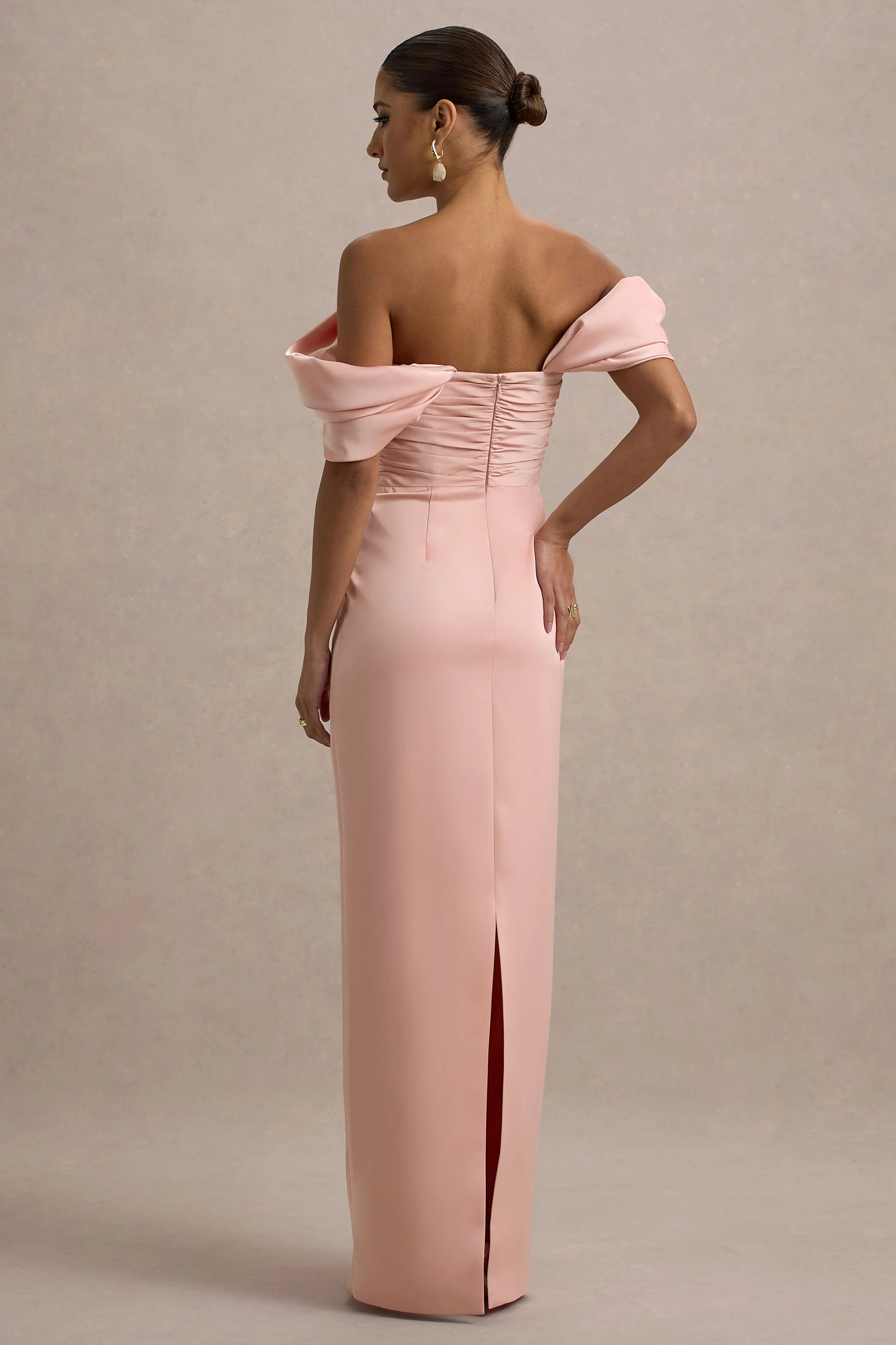 Annita | Light Pink Satin Bardot Maxi Dress