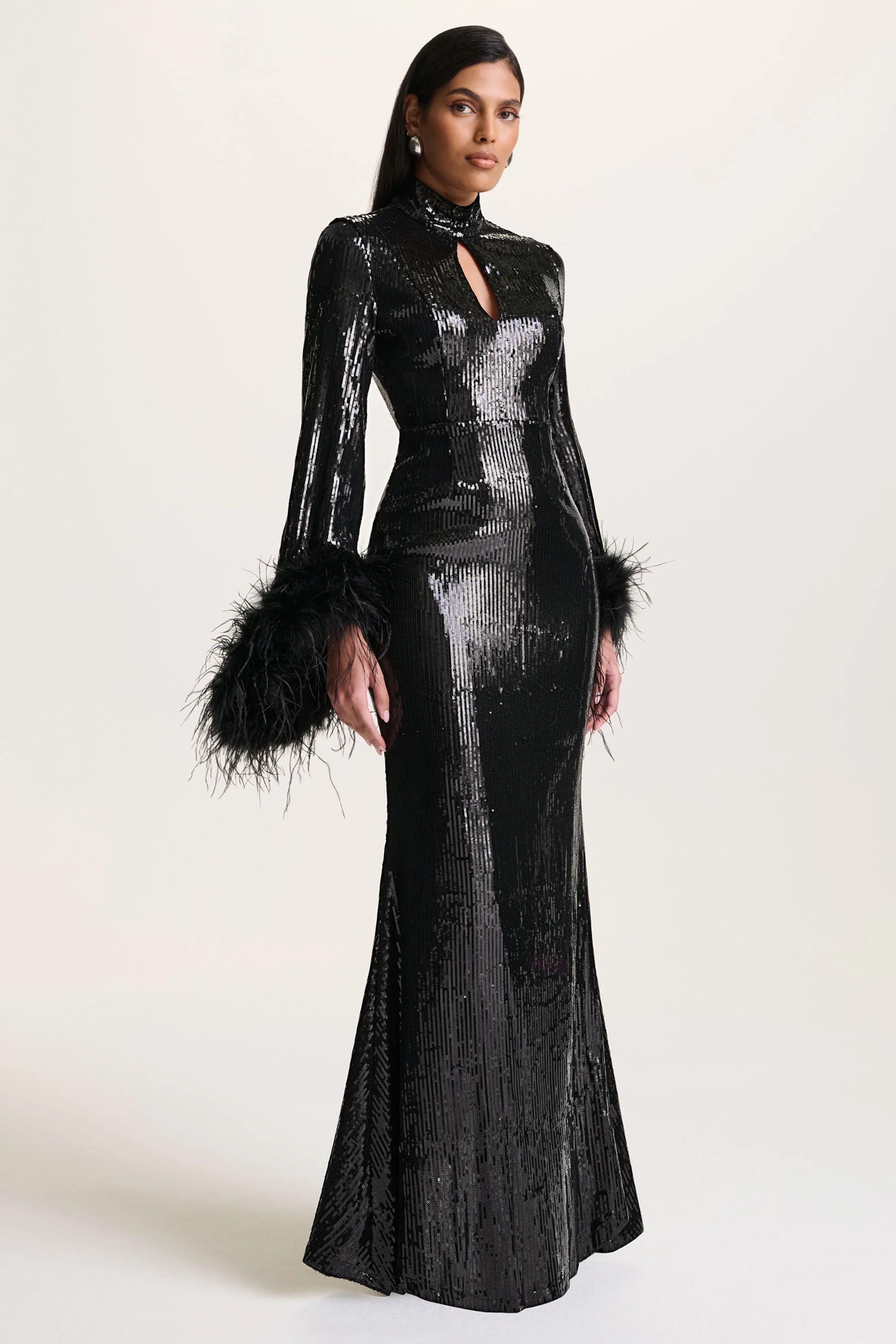 Cosmic Star | Black Sequin High-Neck Maxi Dress With Feather Cuffs
