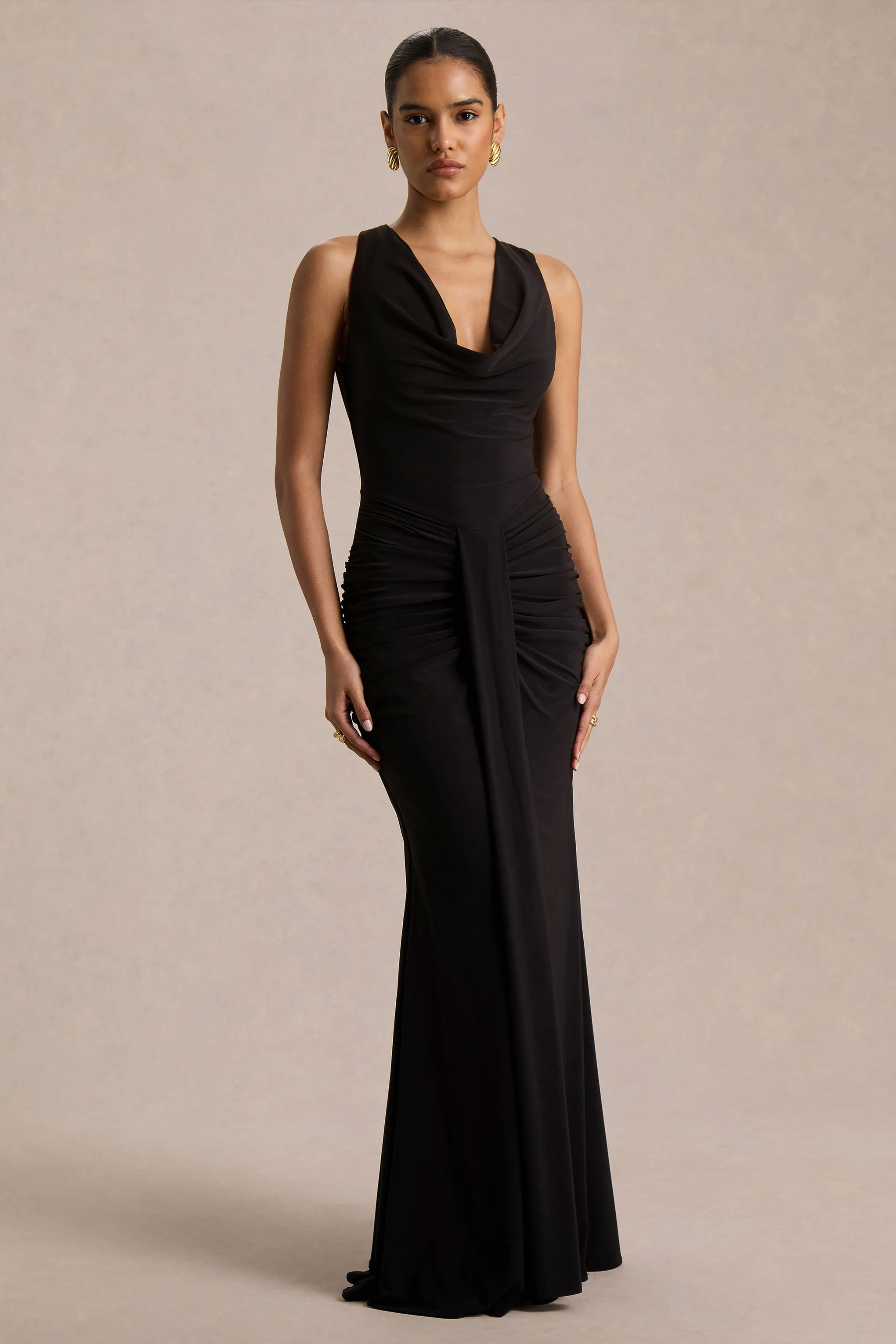 Mallie | Black Cowl-Neck Maxi Dress With Gathered-Detailing