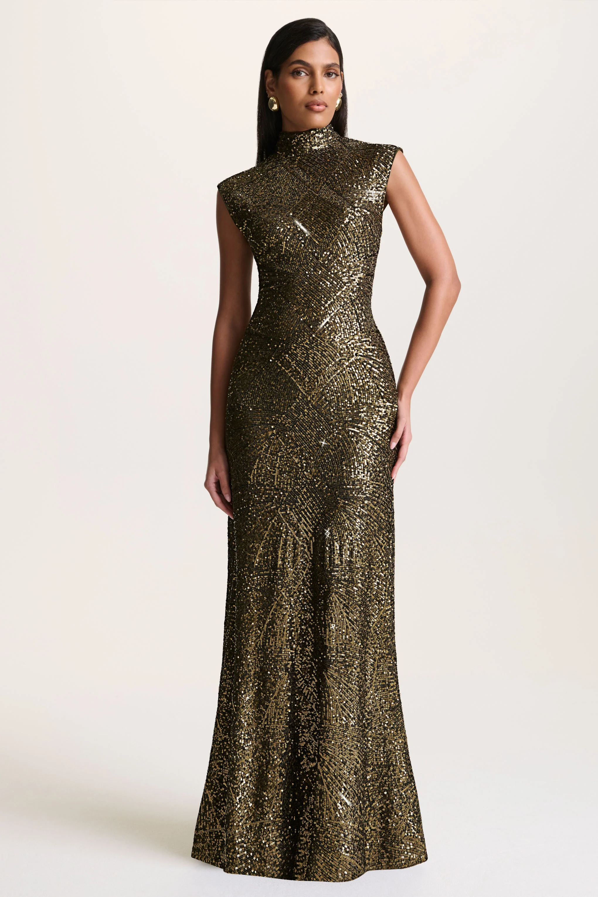 Cecy | Khaki Sequin High-Neck Maxi Dress With Cap Sleeves
