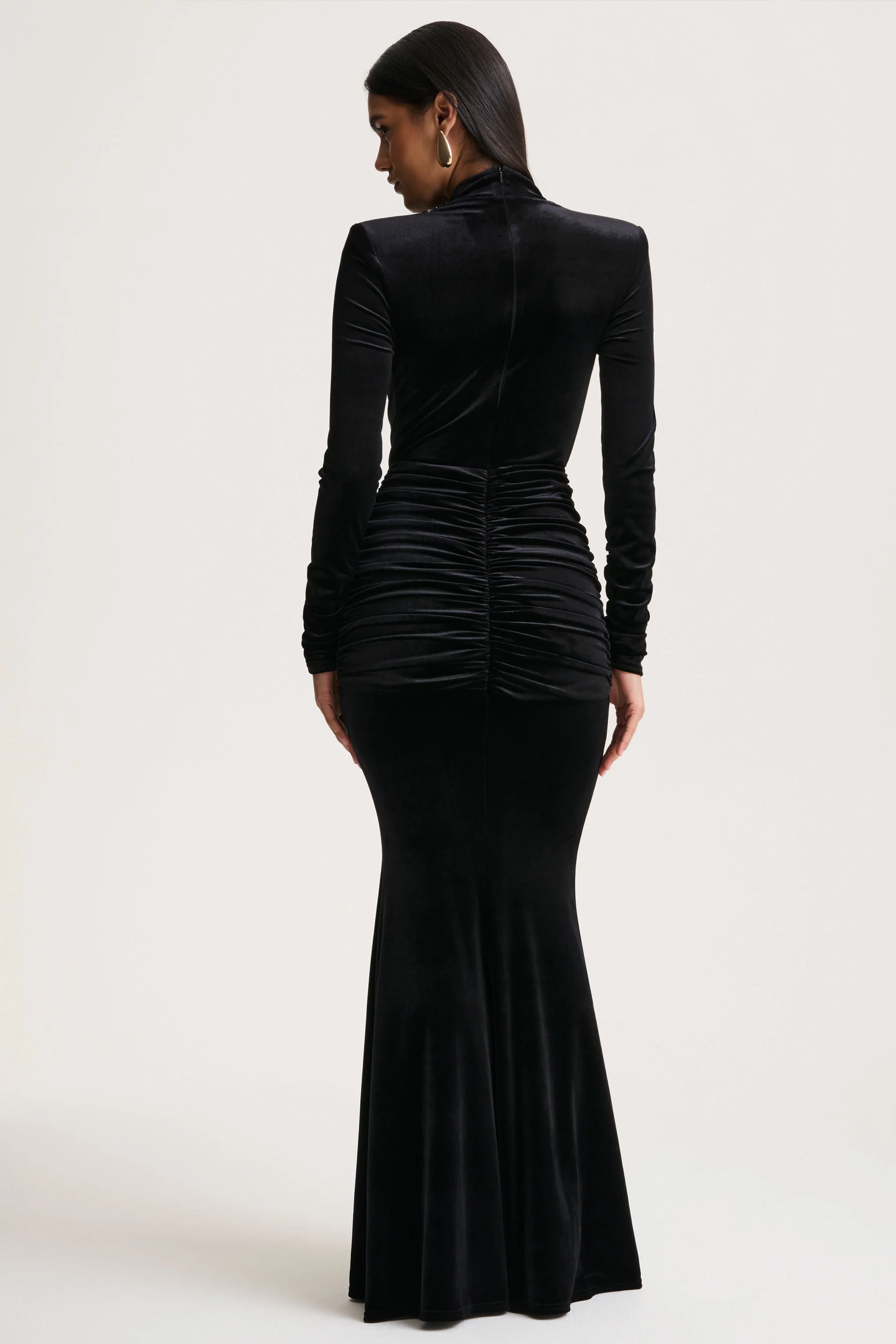 Halima | Black Velvet Plunge-Neck Maxi Dress With Gathered Detailing
