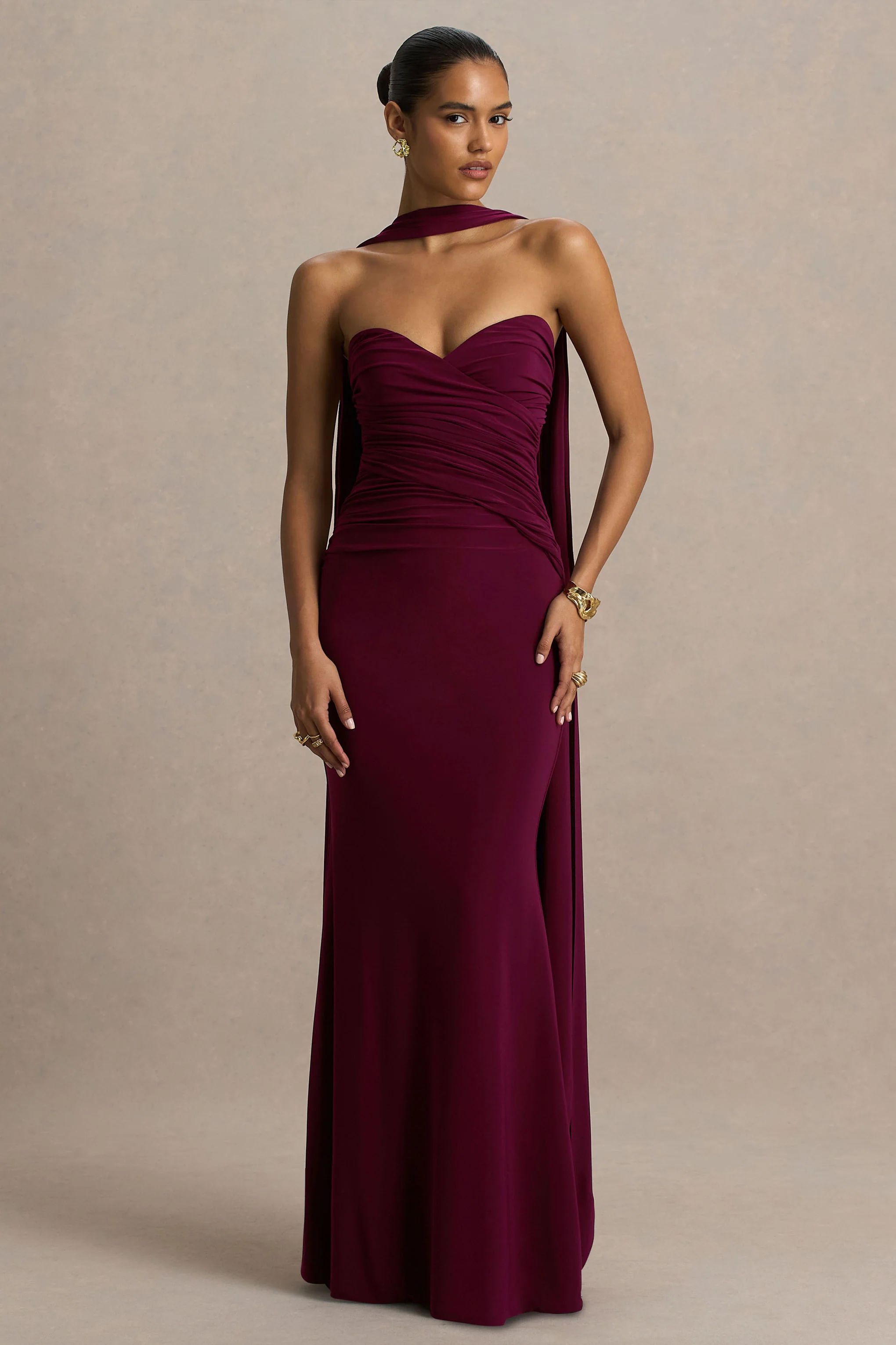 Leila | Burgundy Sweetheart Maxi Dress With Scarf