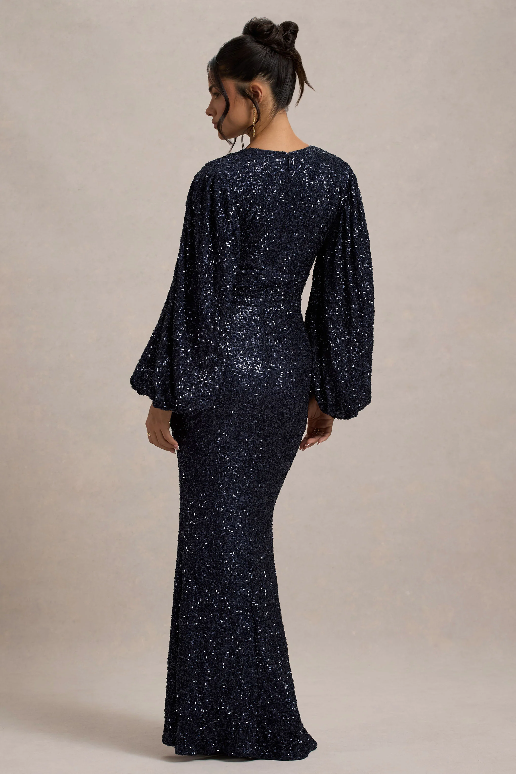 Kaelin | Navy Sequin Plunge-Neck Maxi Dress