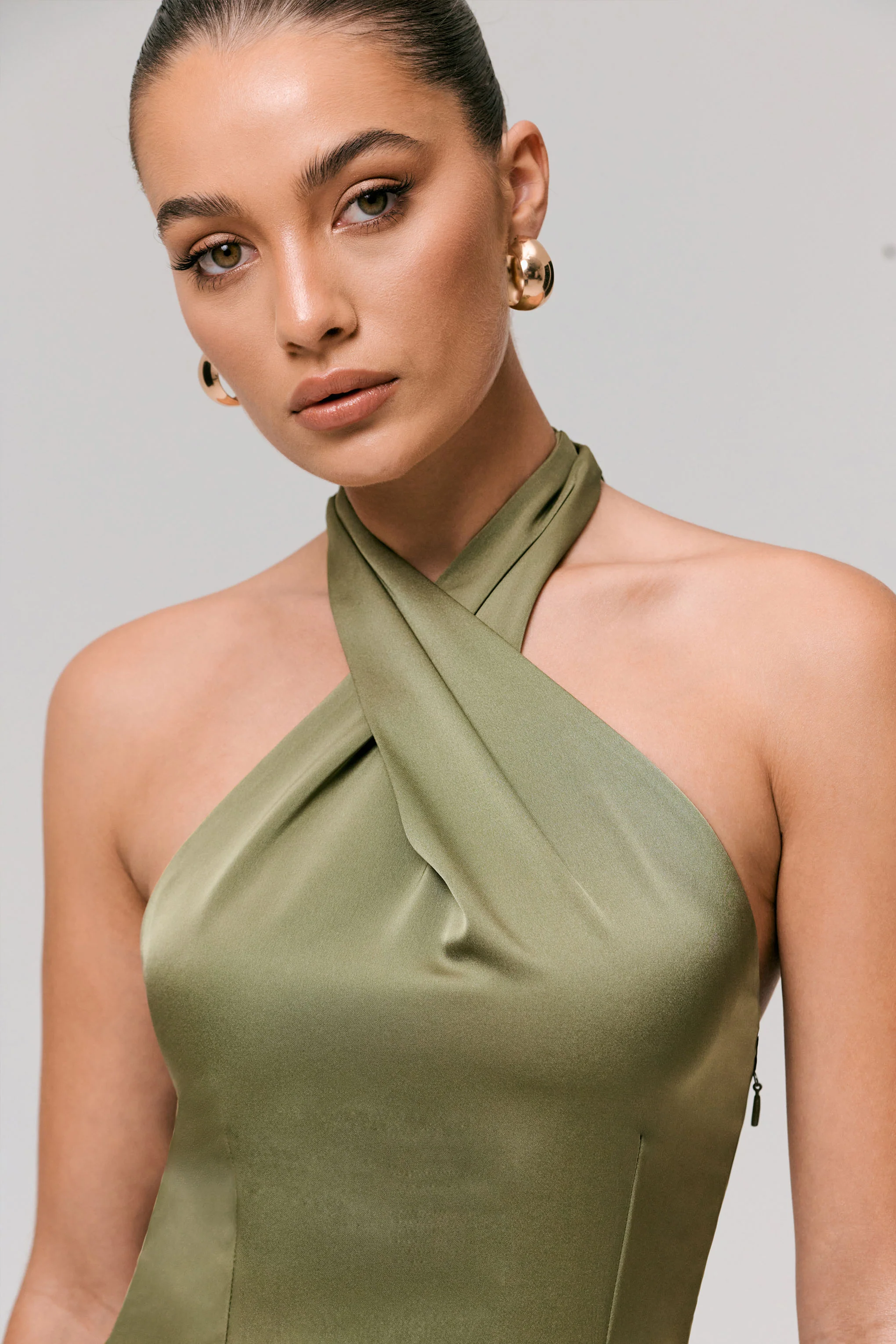 Sansa | Khaki Satin Cross Halter-Neck Plisse Maxi Dress