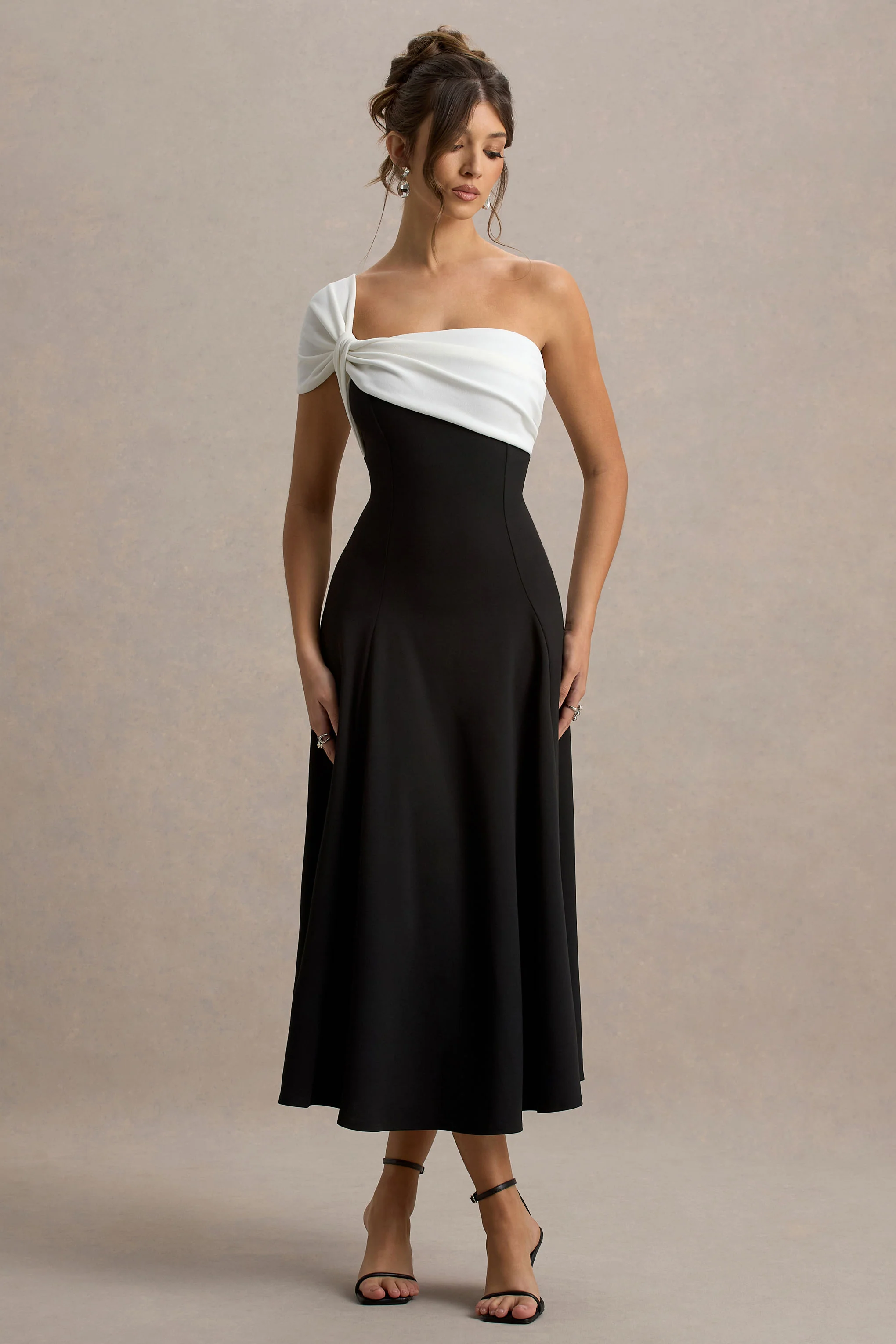 Malta | Black & White One-Shoulder Midi Dress