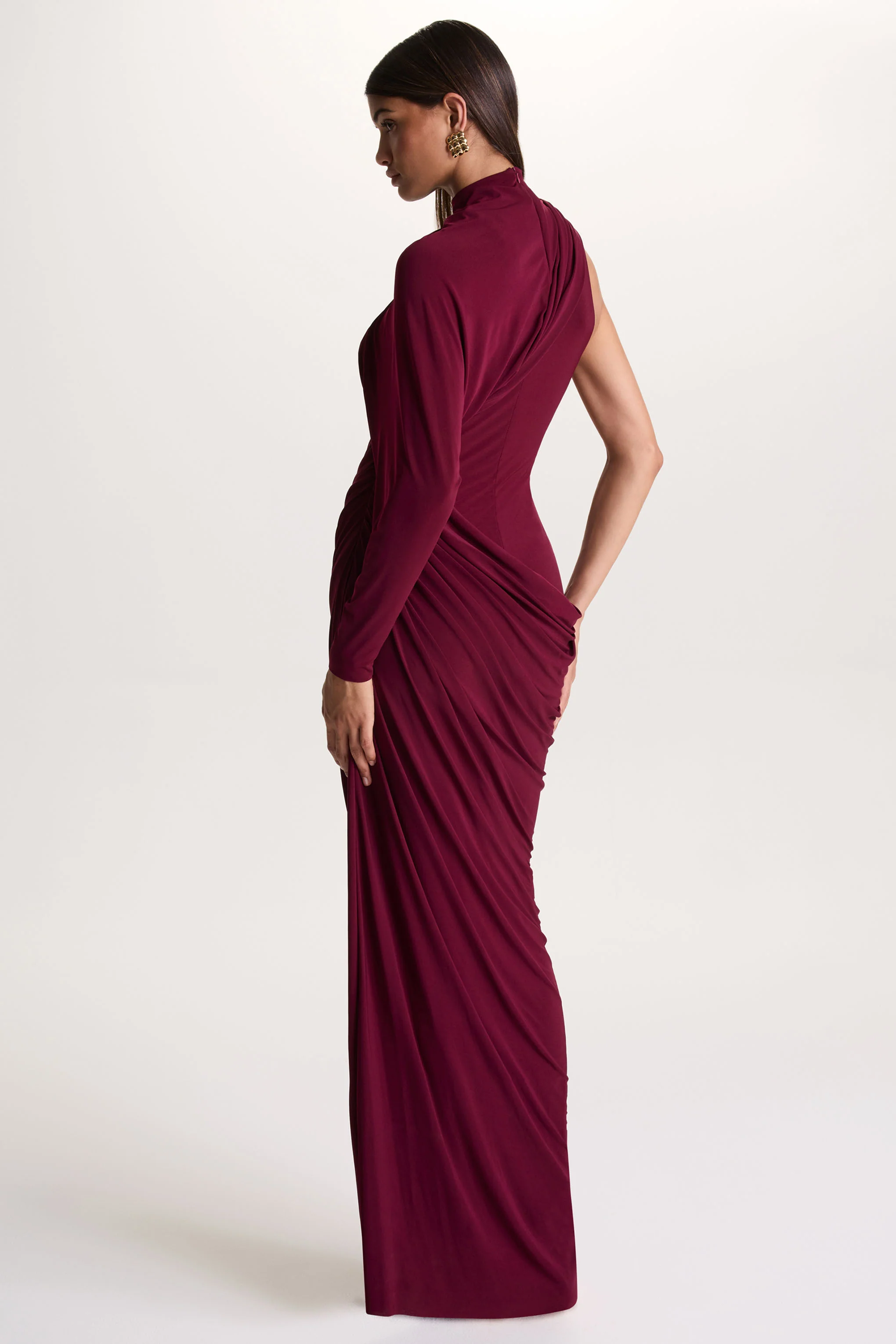 Aphra | Burgundy High-Neck Maxi Dress With Cape-Sleeve