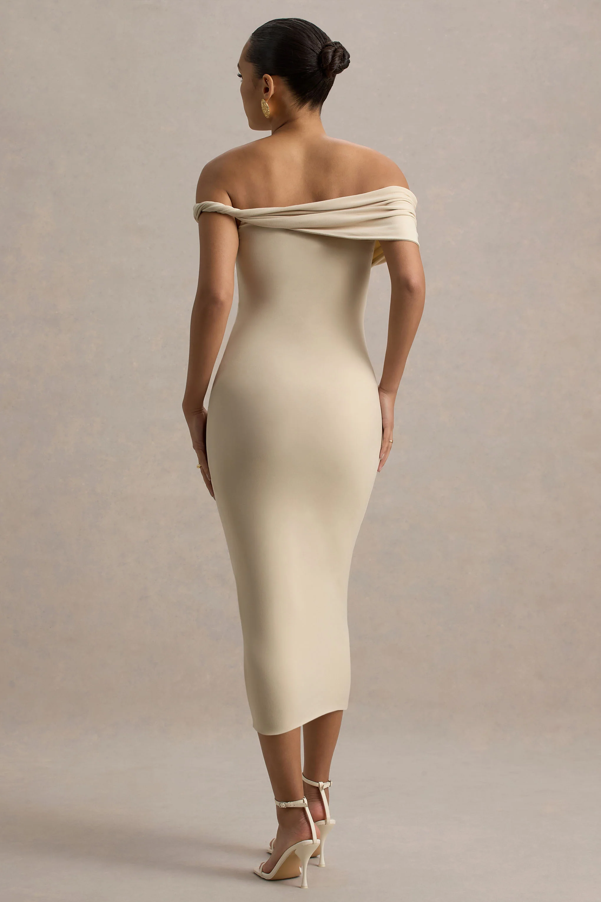 Skye | Sand Twisted Bardot Midi Dress