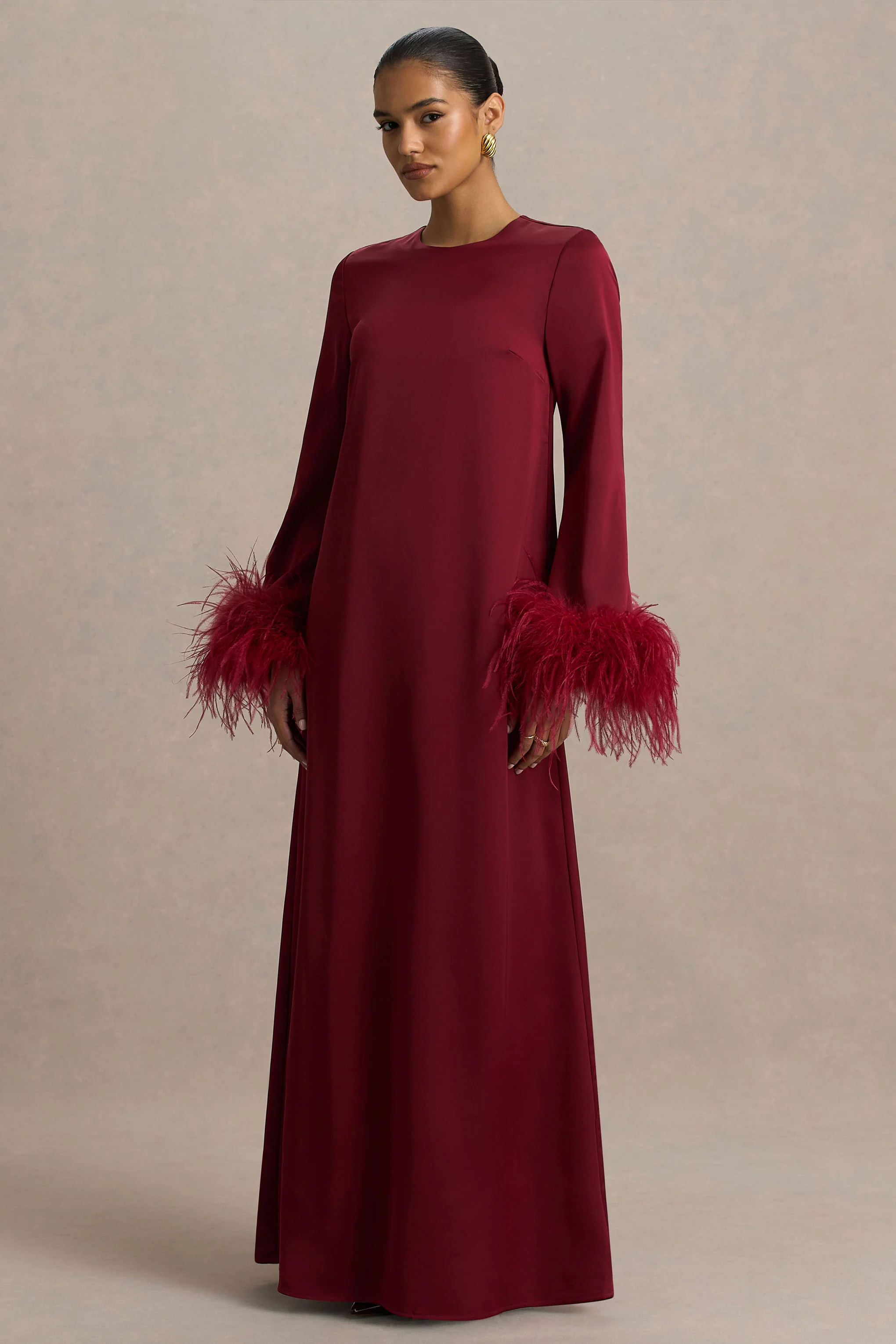 Adella | Burgundy Satin Feather-Trim Maxi Dress