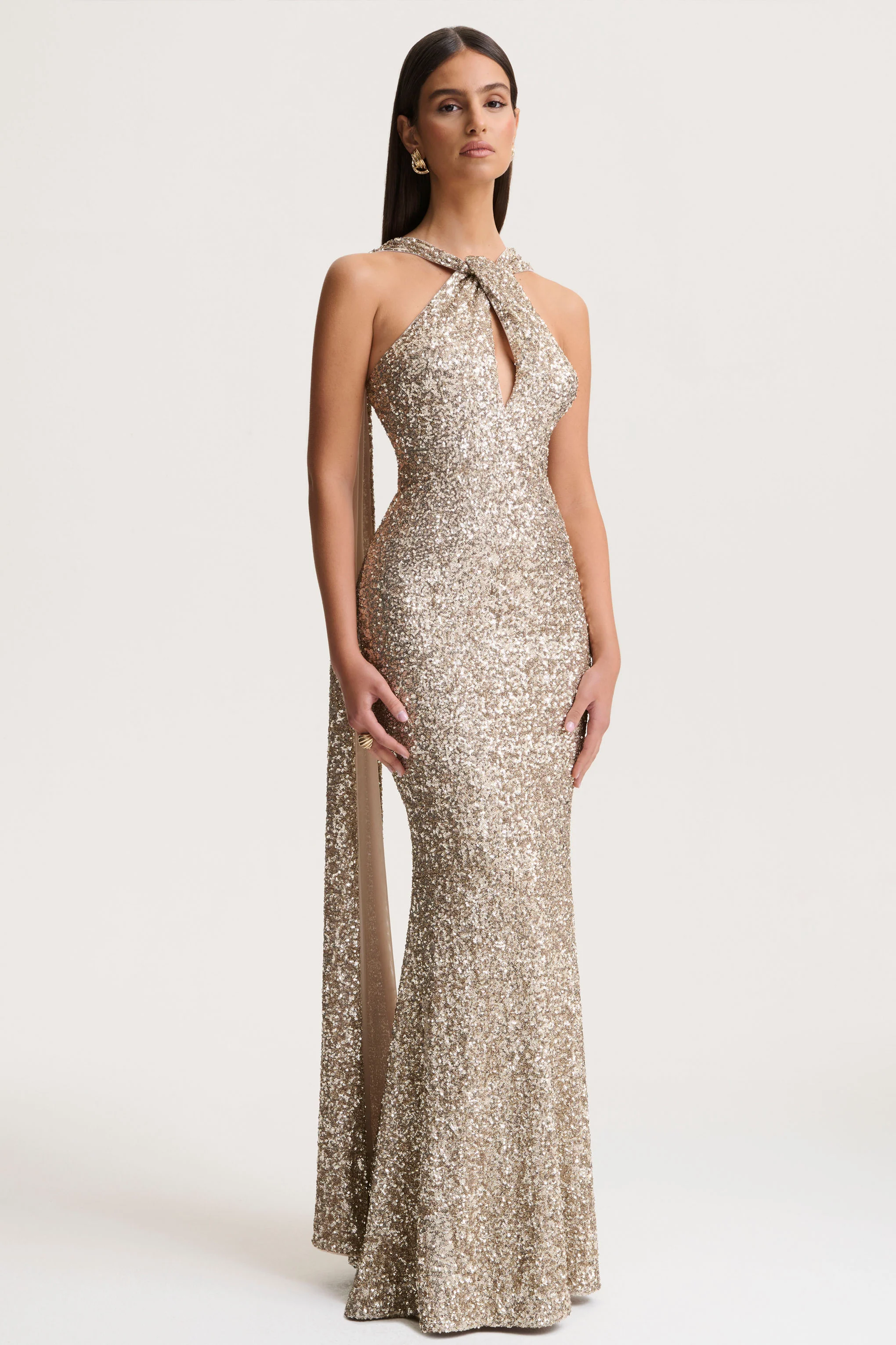 Renelle | Gold Sequin Halter-Neck Maxi Dress