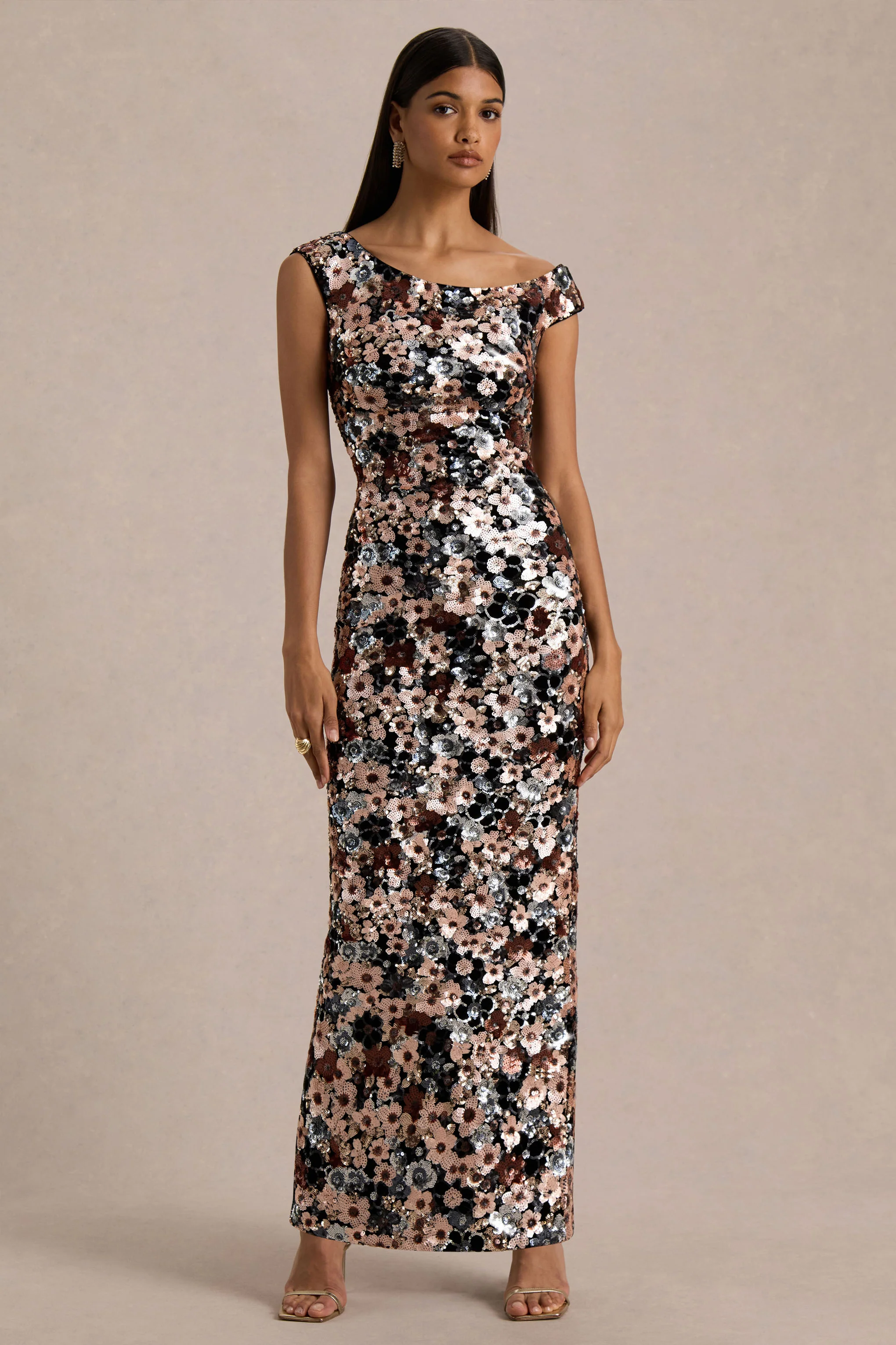 Electric | Black Velvet & Embellished Sequin Floral Asymmetric-Neck Maxi Dress