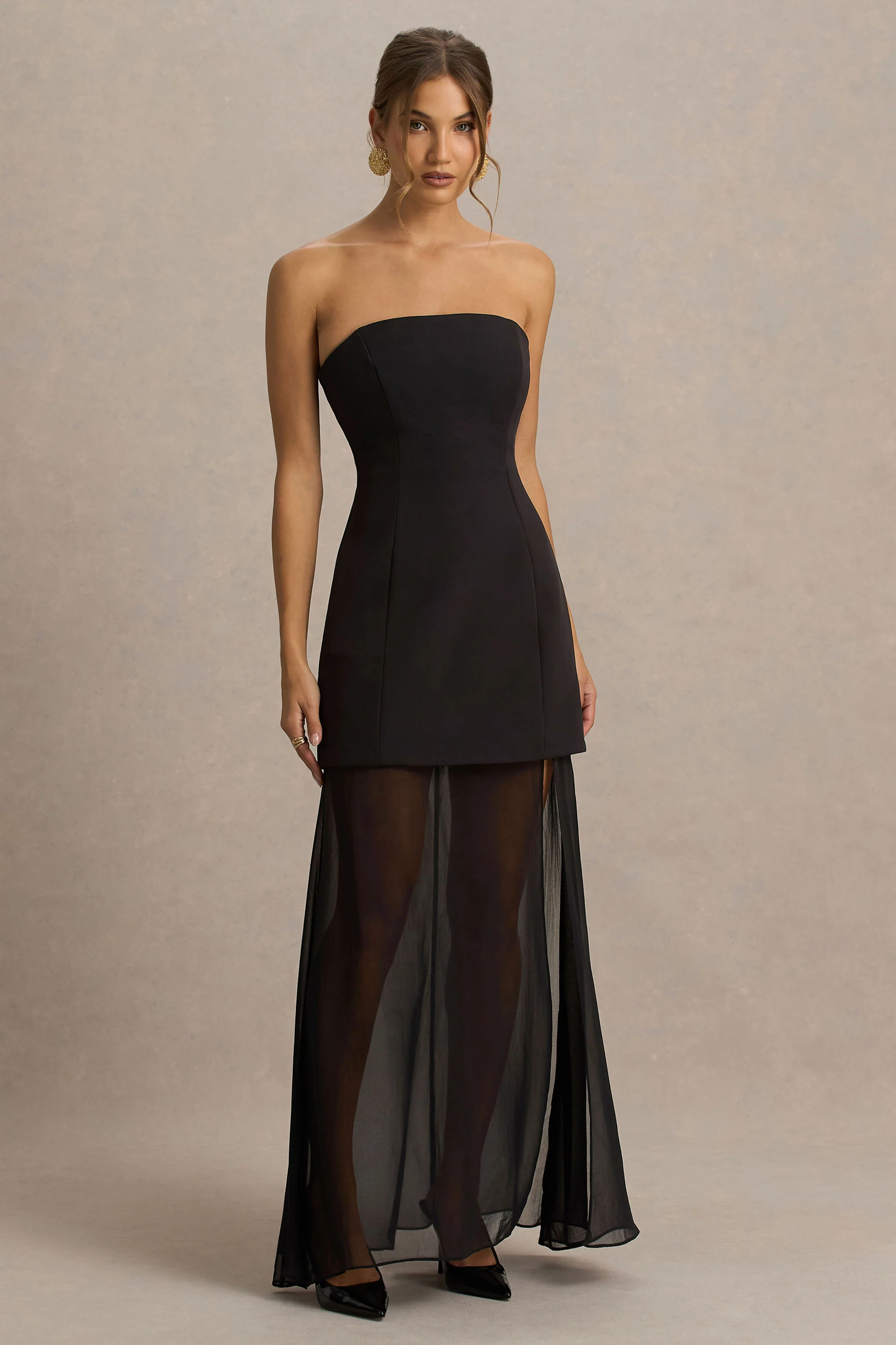 Chessa | Black Slashed-Neck Maxi Dress With Sheer Cape