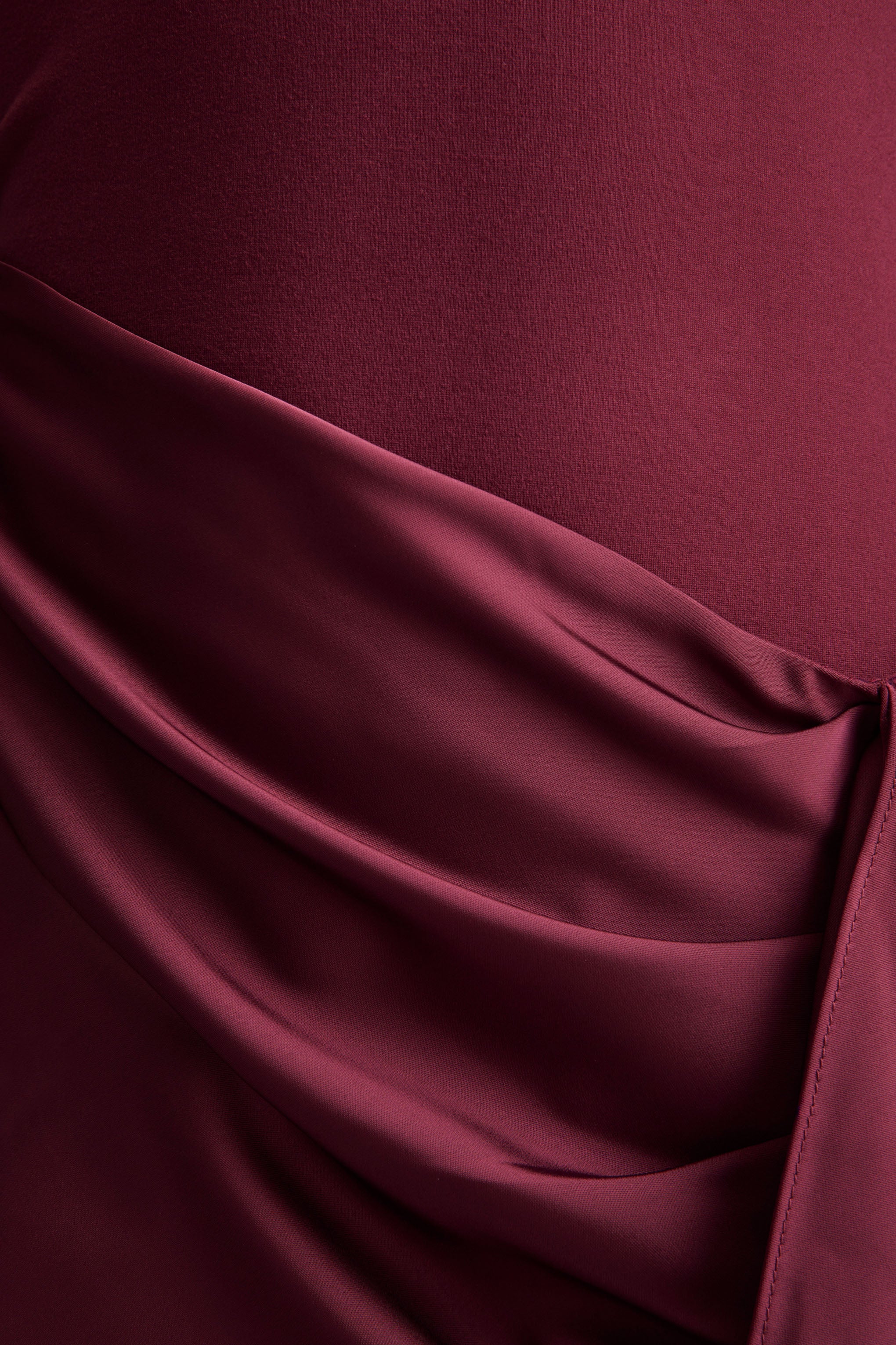 Starred | Burgundy Crew-Neck Maxi Dress With Drop-Waist And Satin Wrap-Skirt