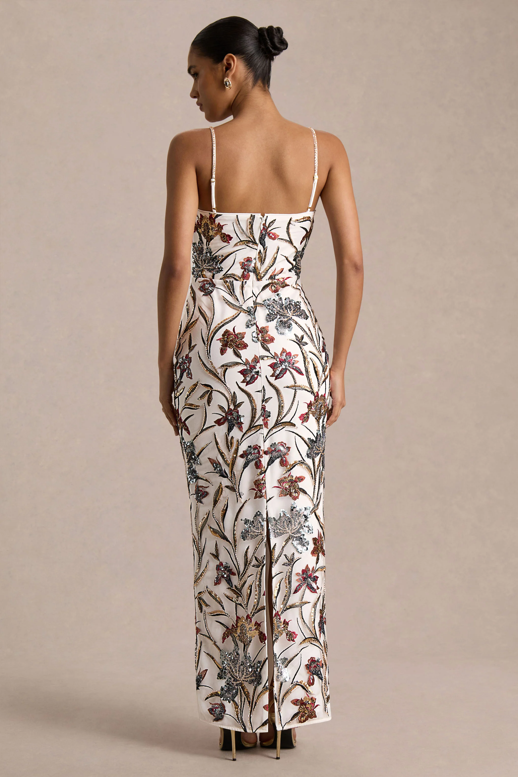 Kyle | Cream Sequin Floral Embellished Square-Neck Maxi Dress