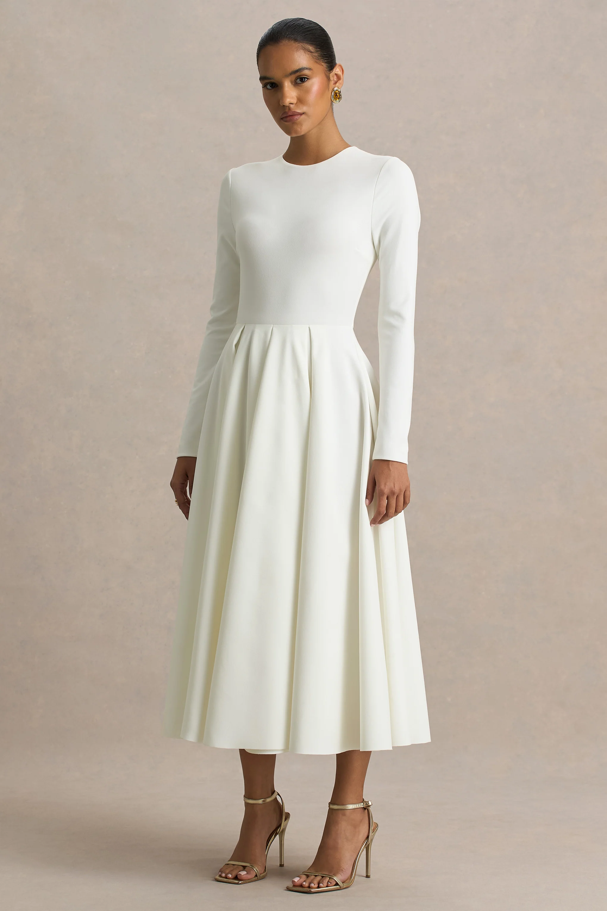 Bellamy | Cream Crew-Neck Long Sleeve Midi Dress