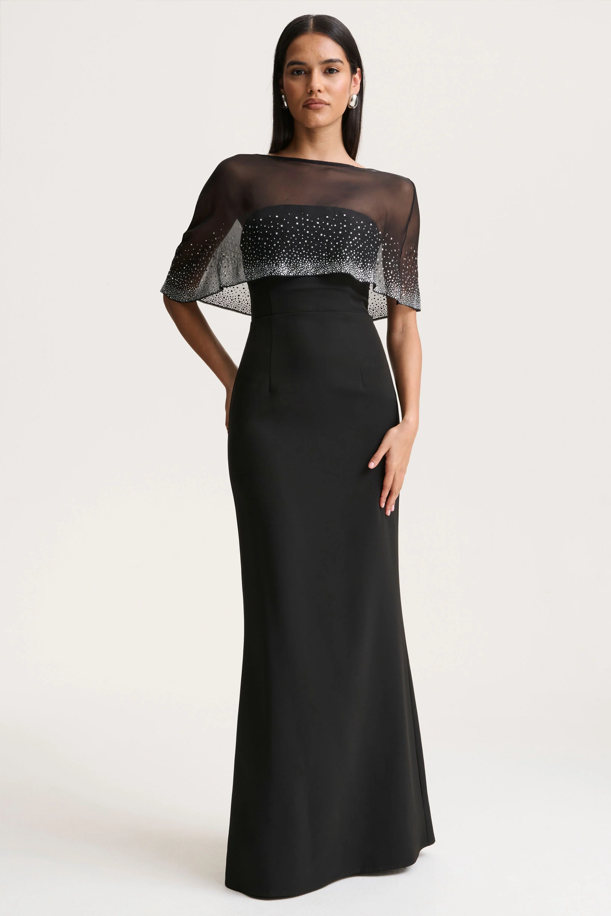 Everly | Black Hand-Embellished Cape-Sleeve Maxi Dress