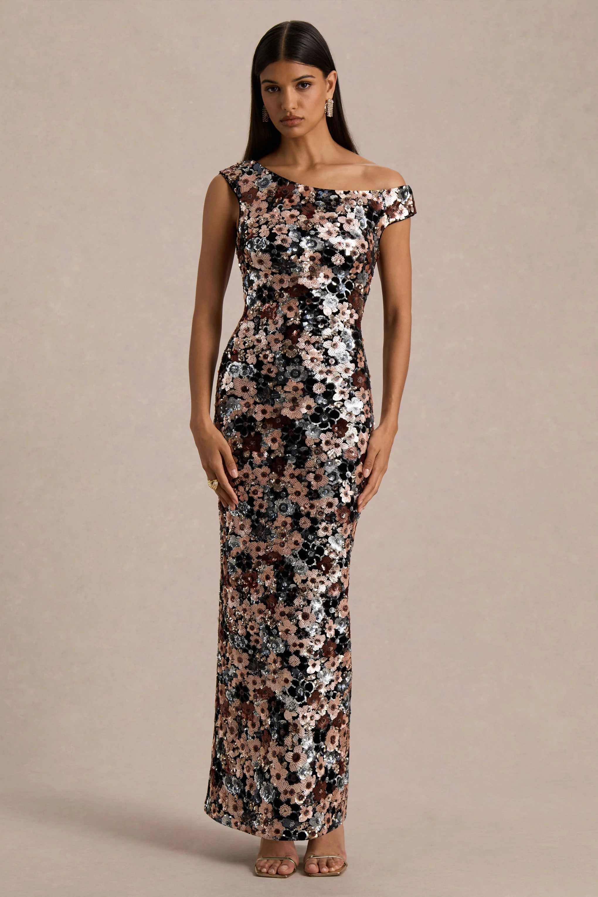 Electric | Black Velvet & Embellished Sequin Floral Asymmetric-Neck Maxi Dress