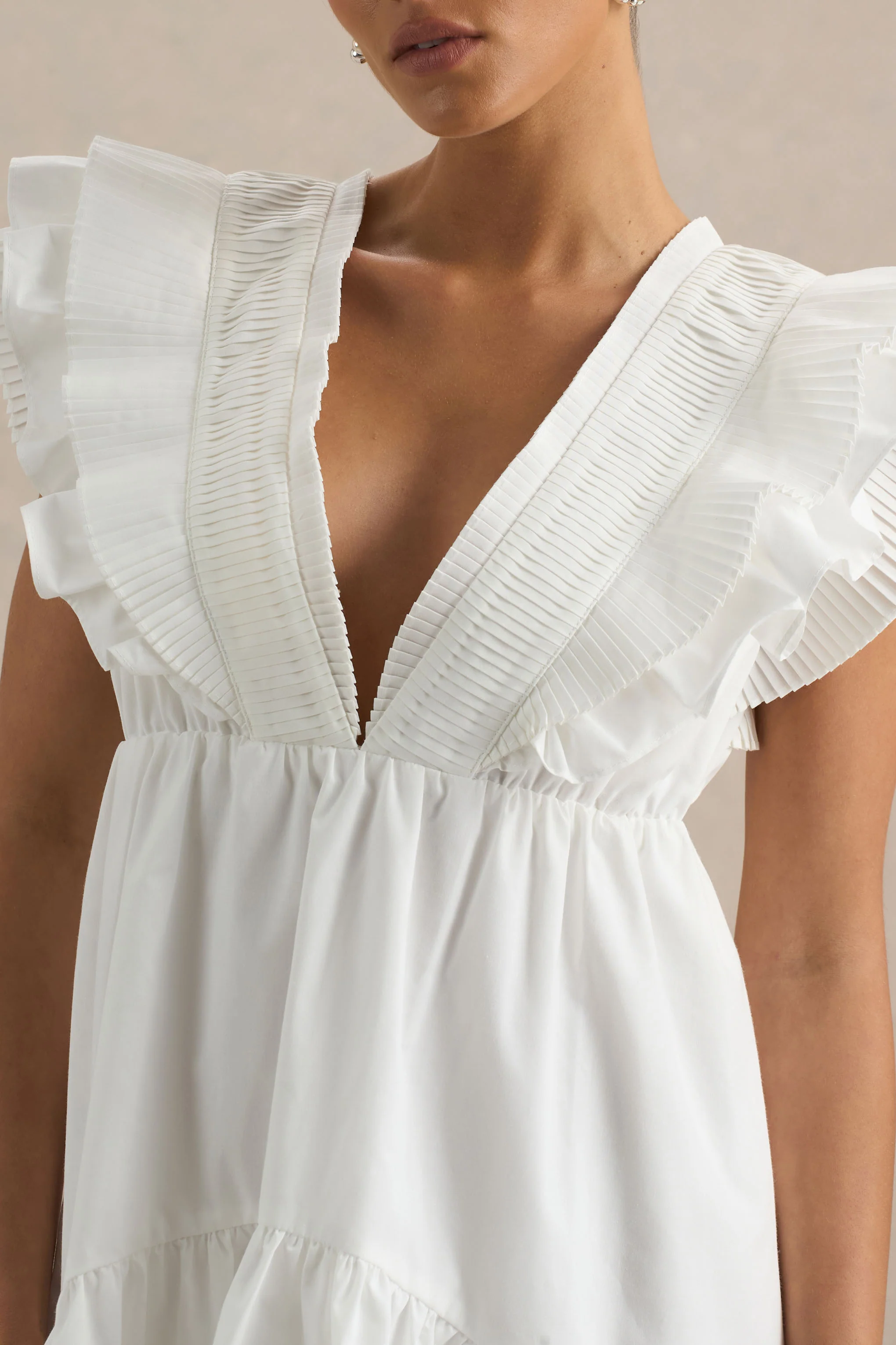 Judie | White Poplin V-Neck Ruffled Mini Dress