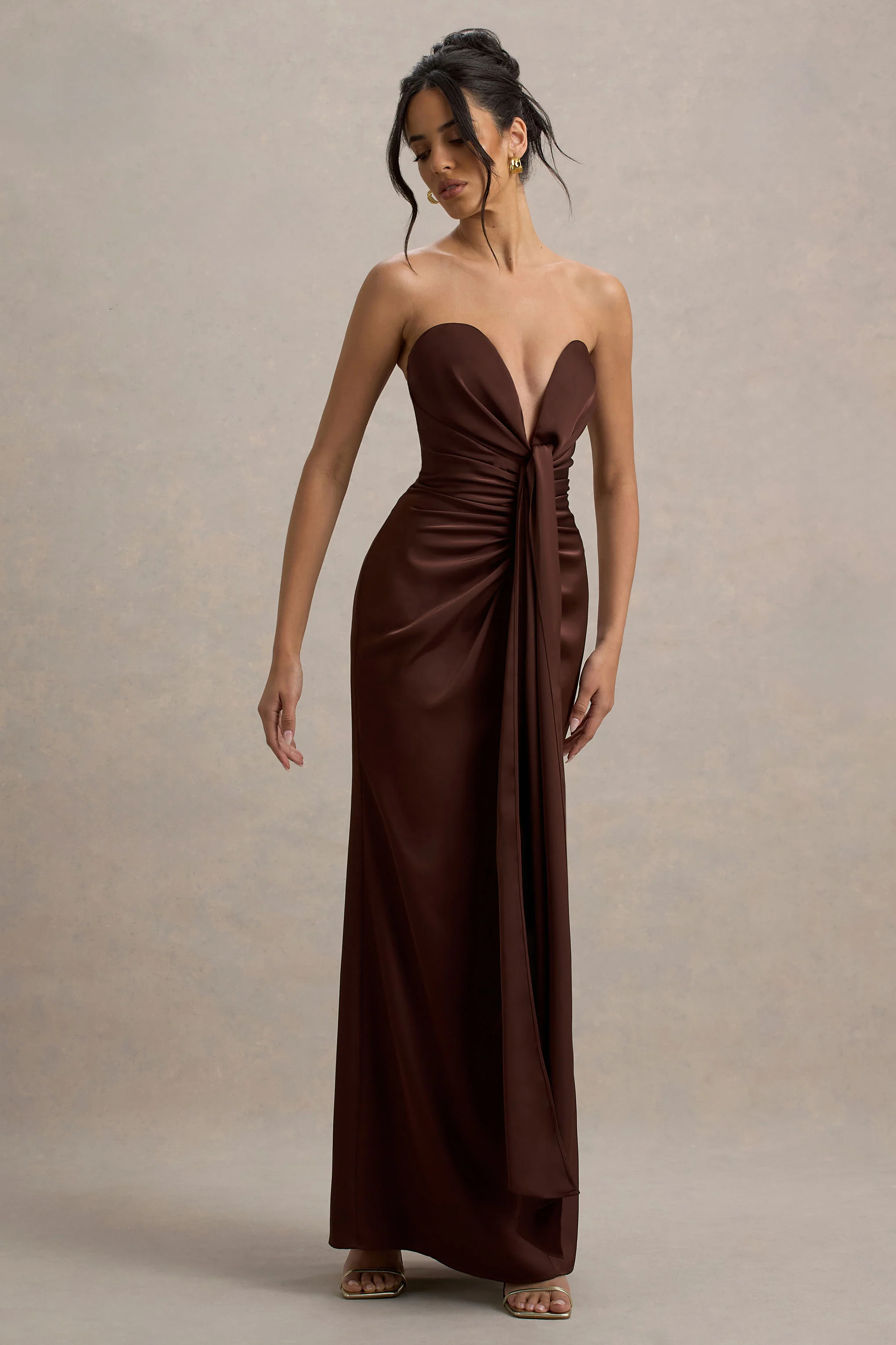 Mackenzie | Brown Satin Plunge-Neck Draped Maxi Dress