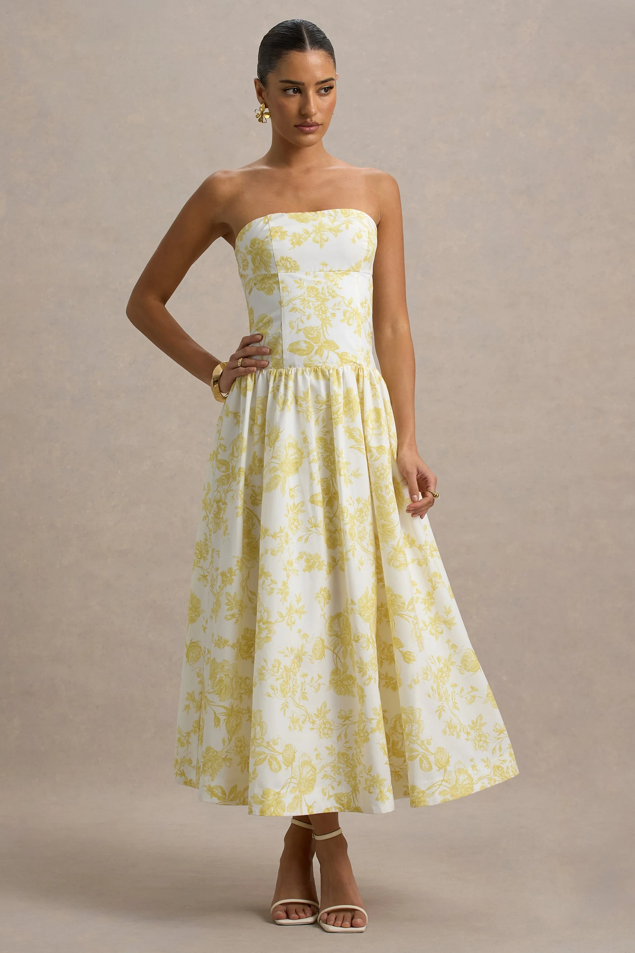 Bluebell | Lemon Porcelain Print Poplin Bandeau Drop-Waist Midi Dress