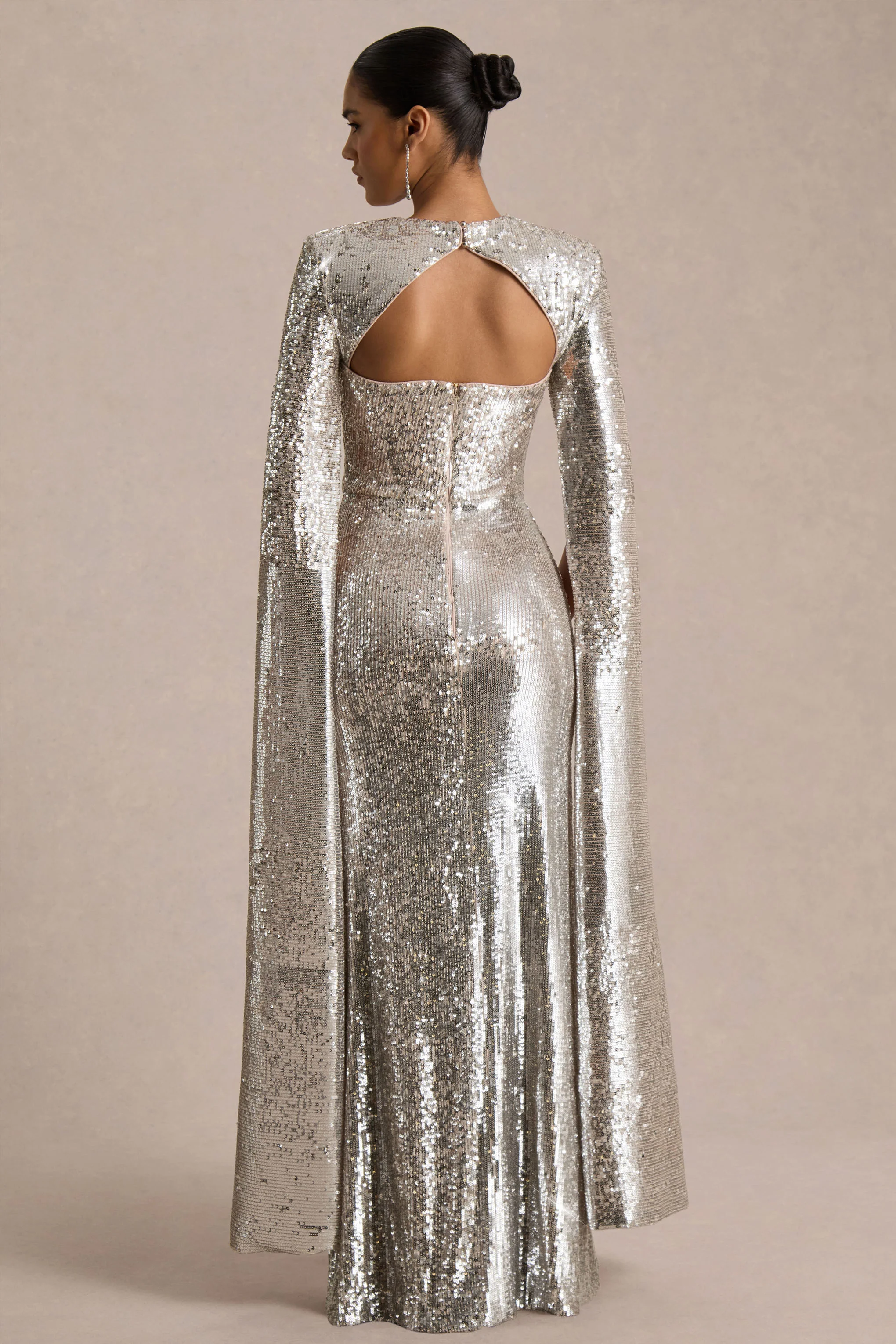 Devora | Silver Sequin Crew-Neck Maxi Dress With Cape Sleeves