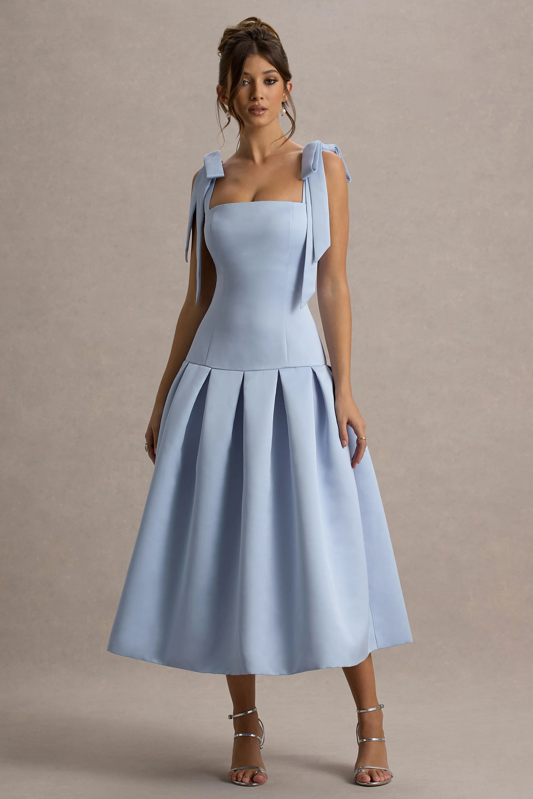 Alberta | Powder Blue Satin Square-Neck Midi Dress With Bow Straps