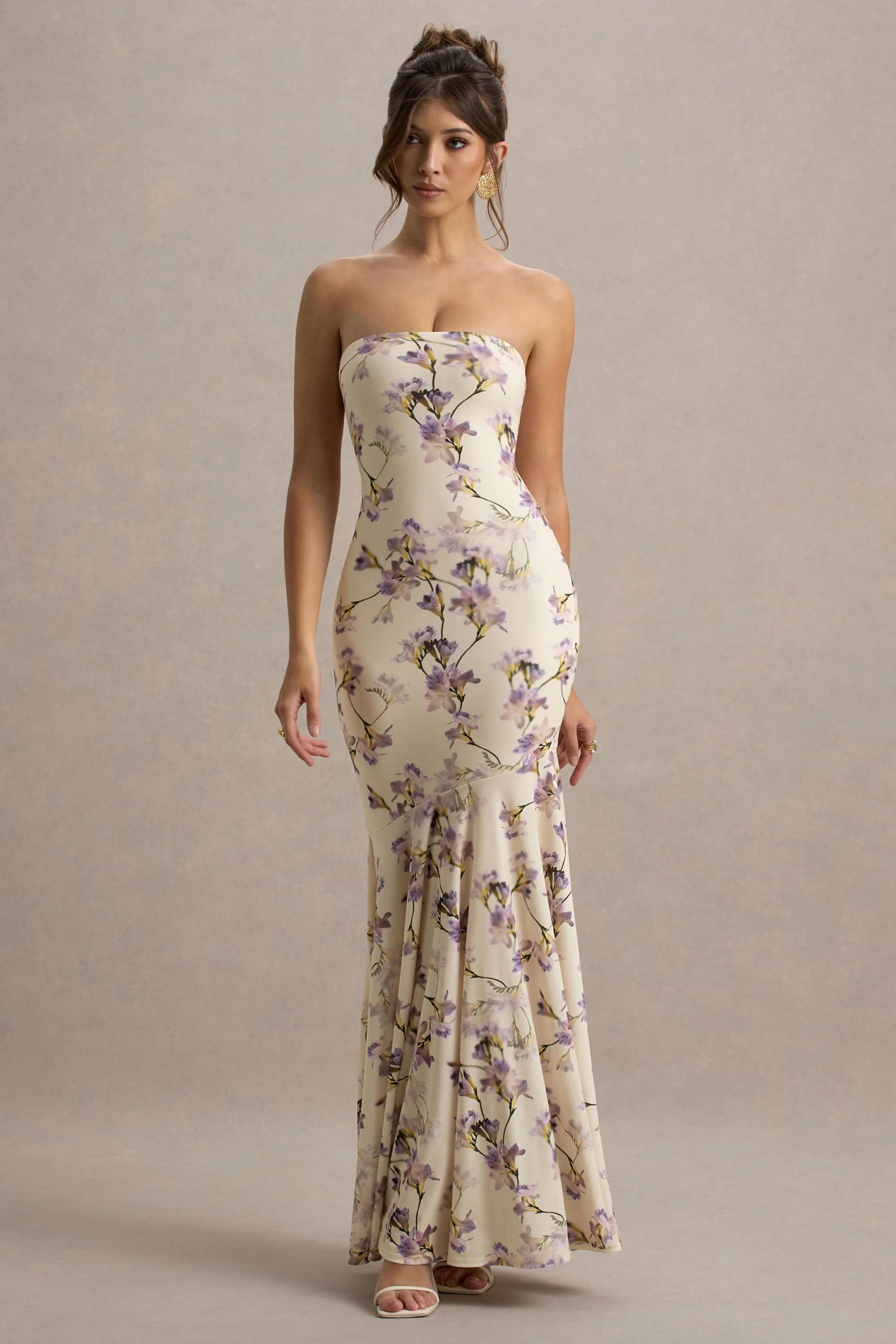 Callie | Lemon Floral Print Bandeau Fishtail Maxi Dress