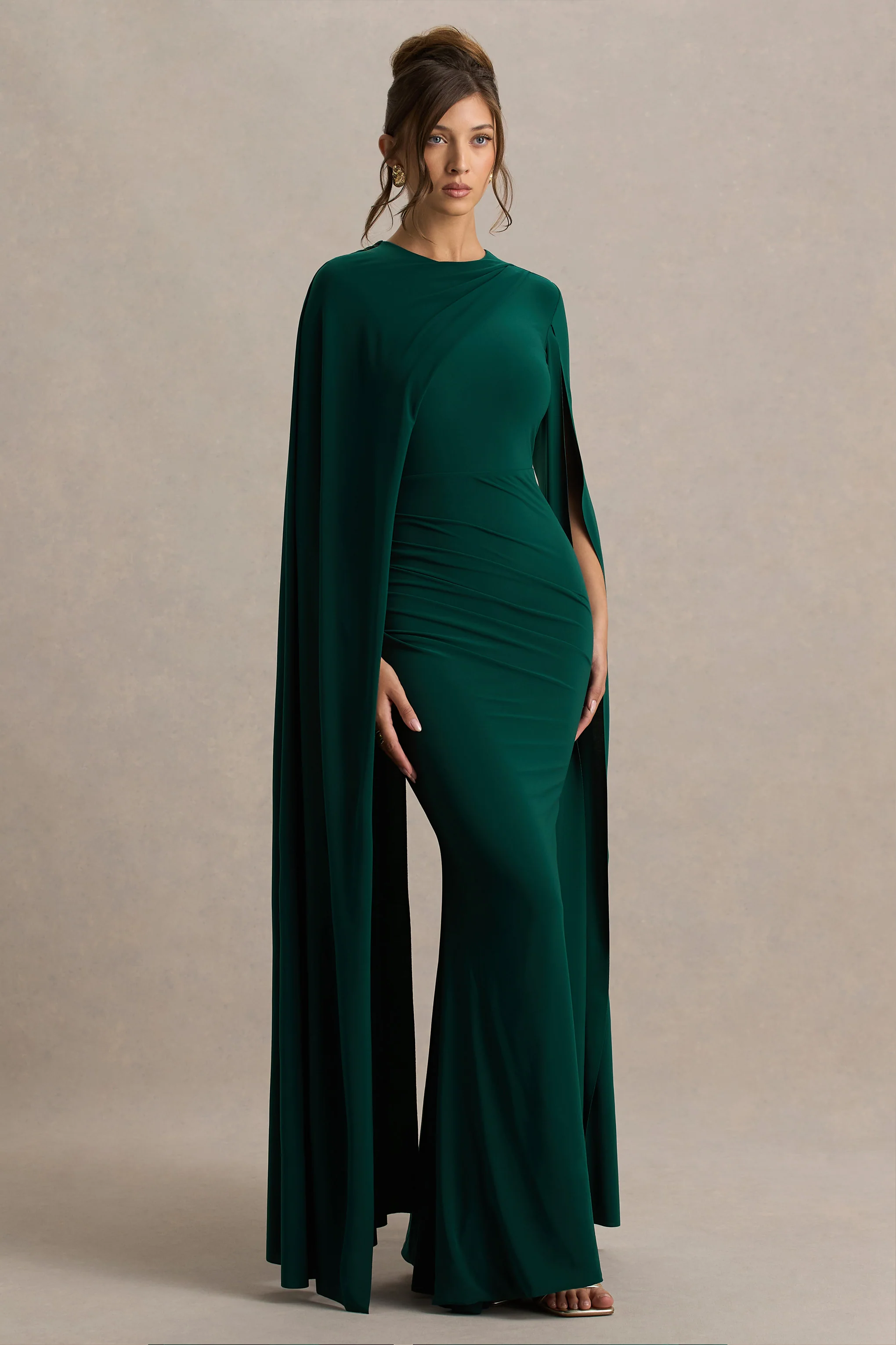 Magdelena | Bottle Green Asymmetric Cape Maxi Dress