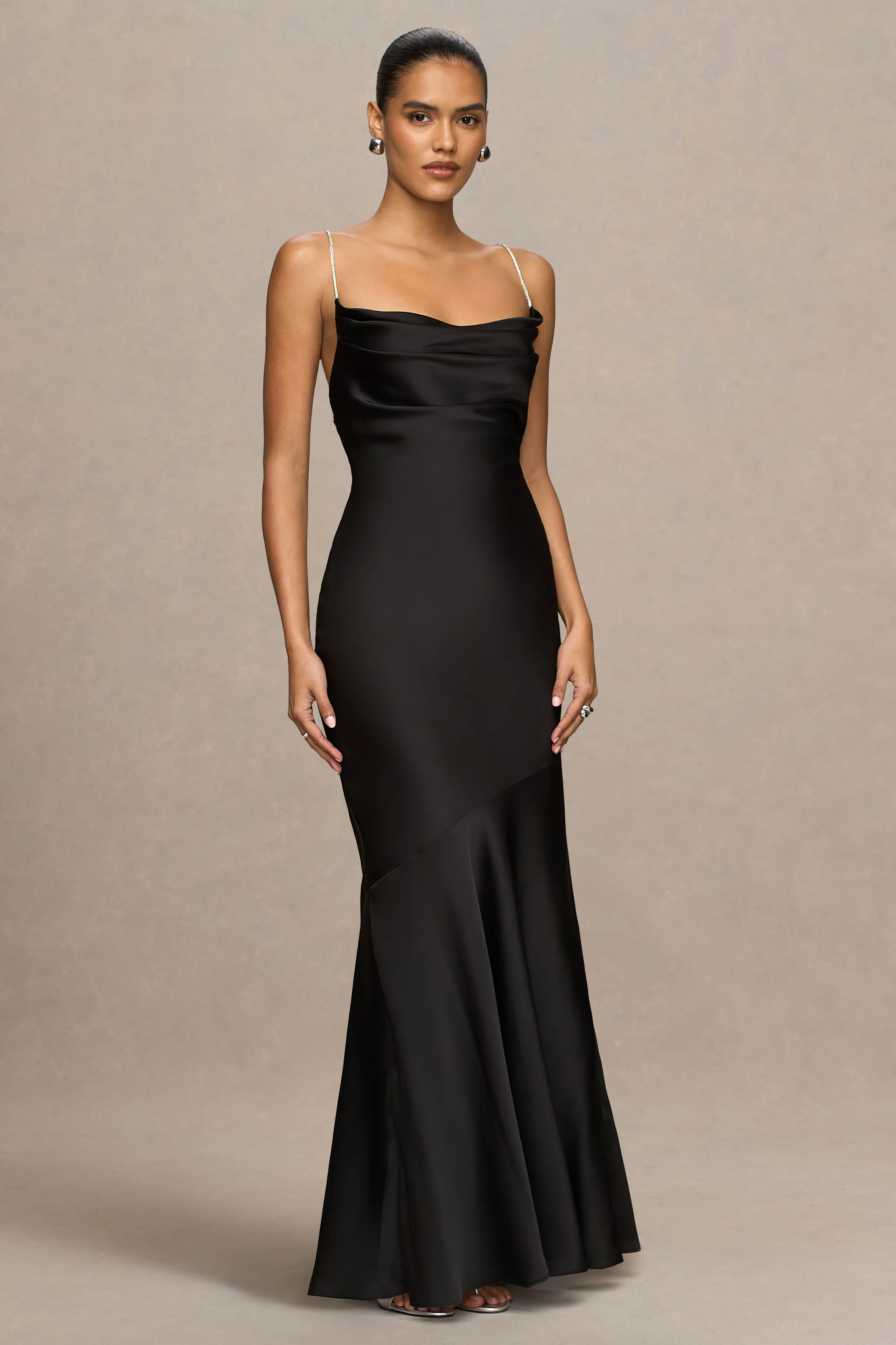 Maelia | Black Satin Cowl-Neck Maxi Dress With Diamante Straps