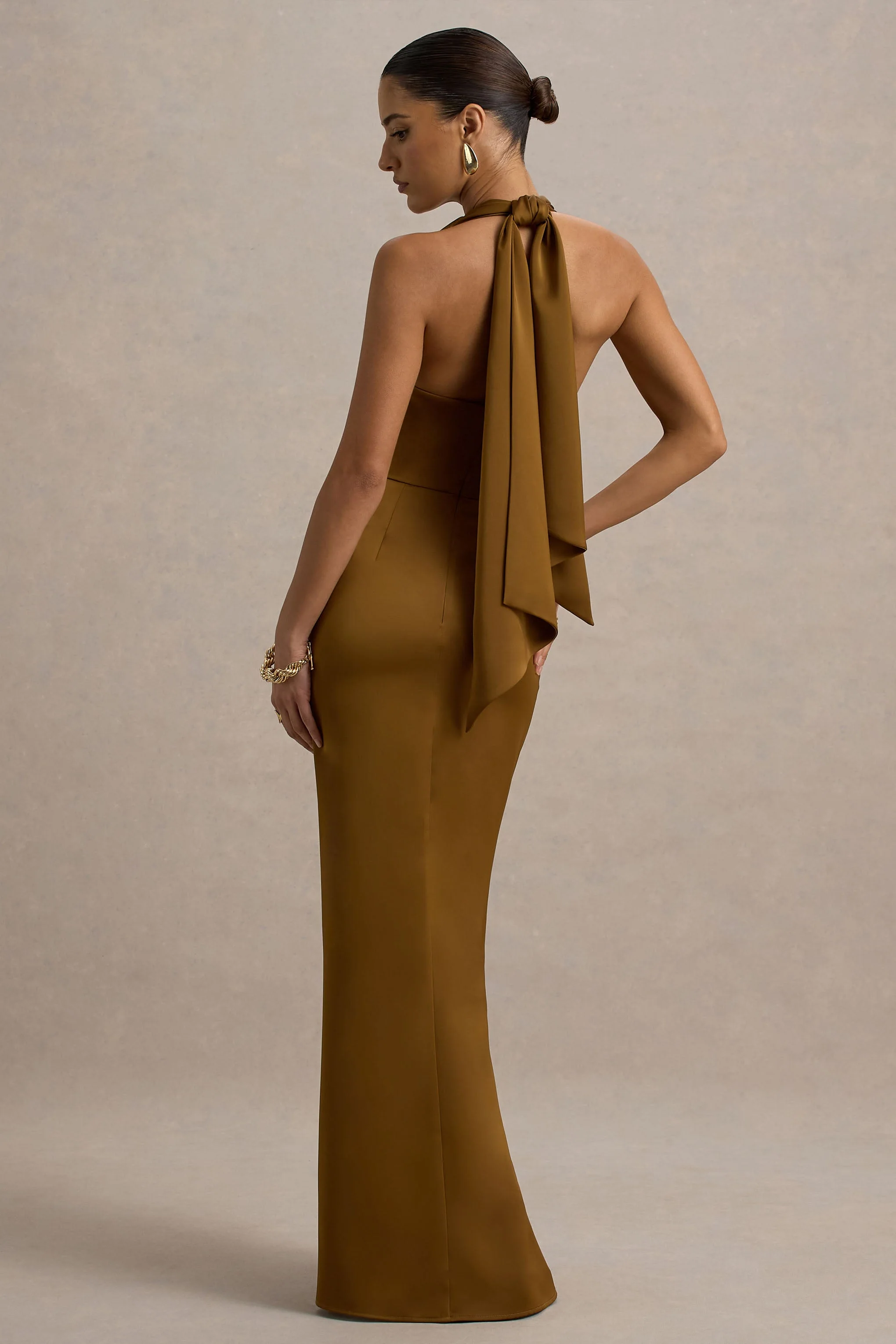 Lynette | Olive Satin Plunge-Neck Maxi Dress With Asymmetric Hem