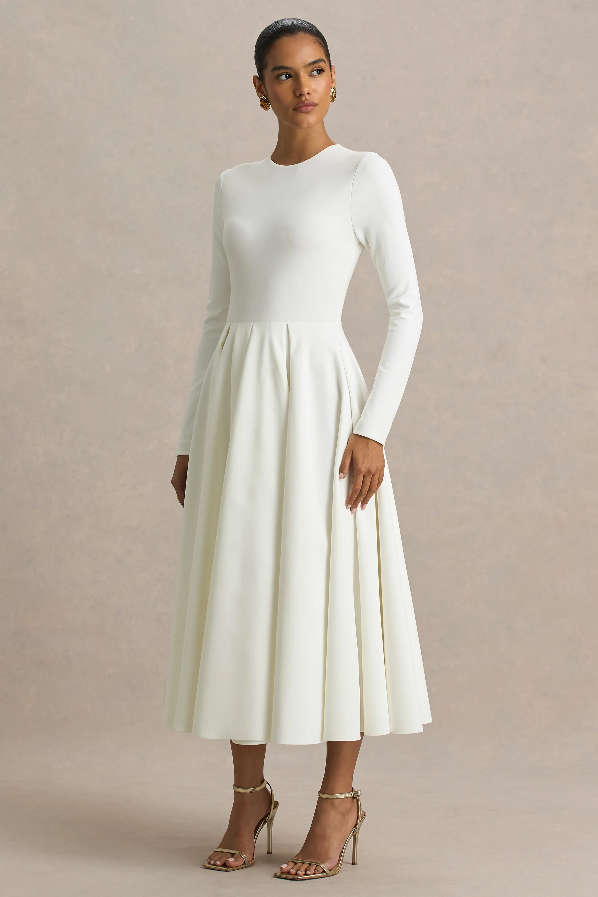 Bellamy | Cream Crew-Neck Long Sleeve Midi Dress