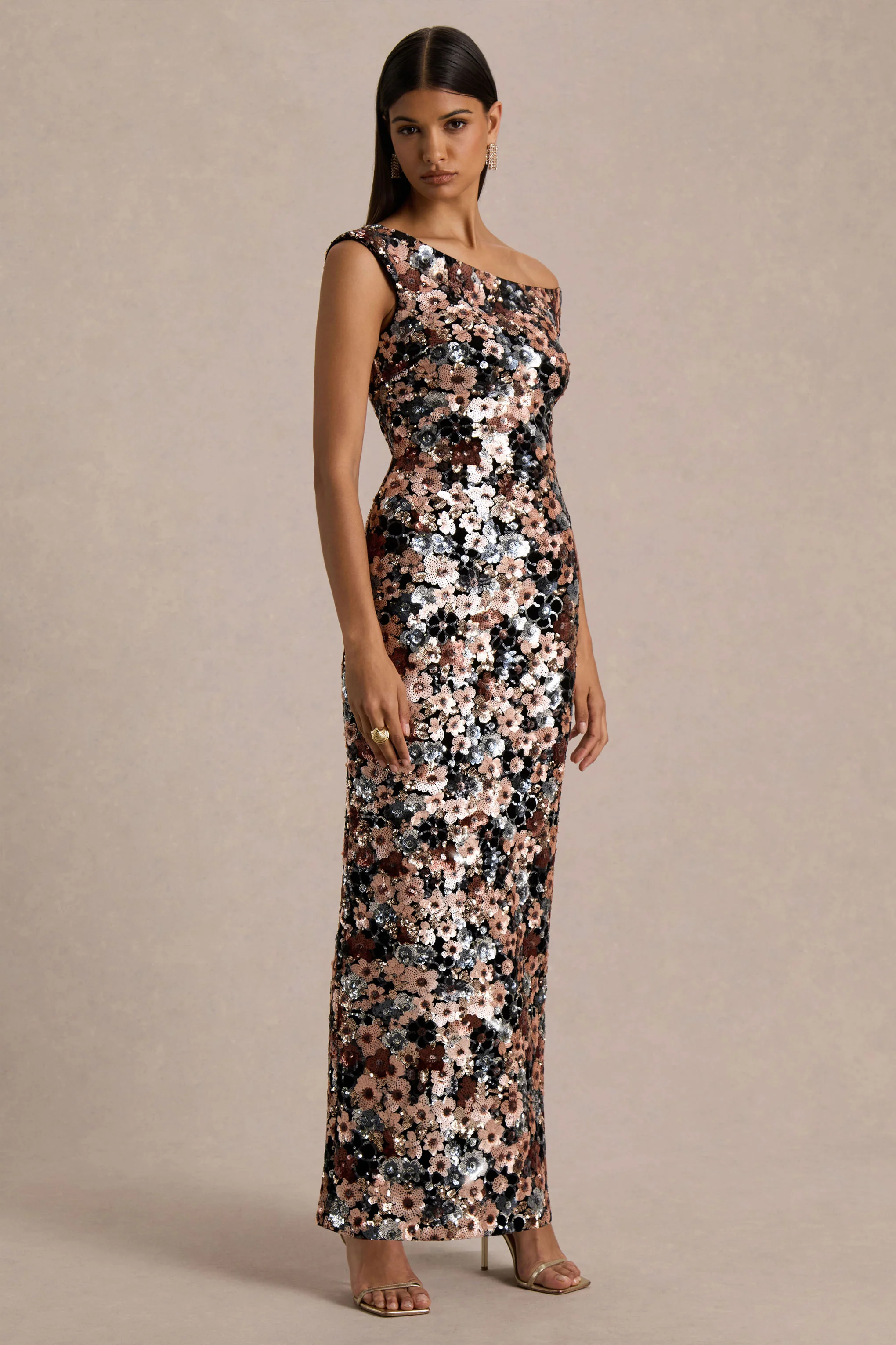 Electric | Black Velvet & Embellished Sequin Floral Asymmetric-Neck Maxi Dress