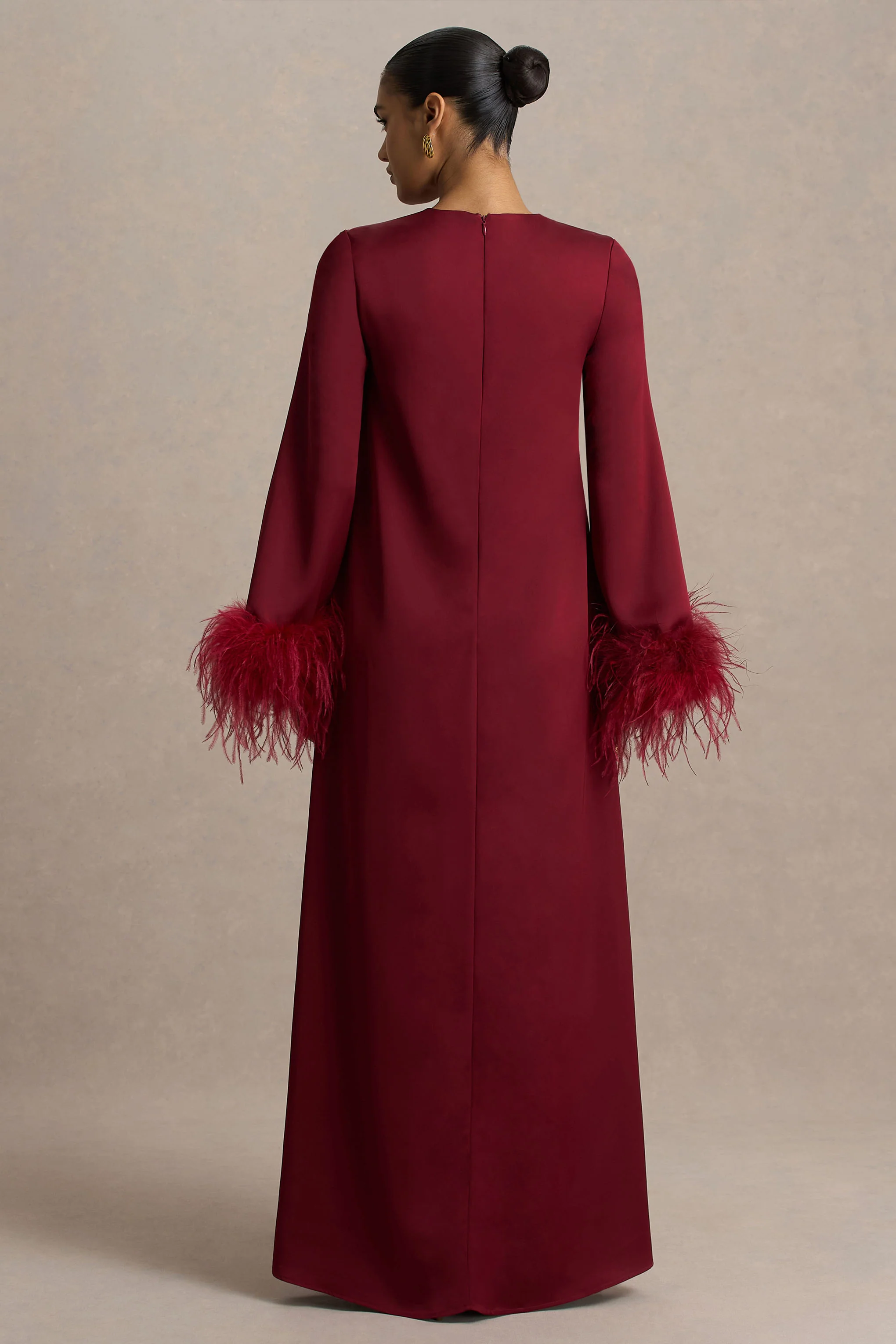 Adella | Burgundy Satin Feather-Trim Maxi Dress