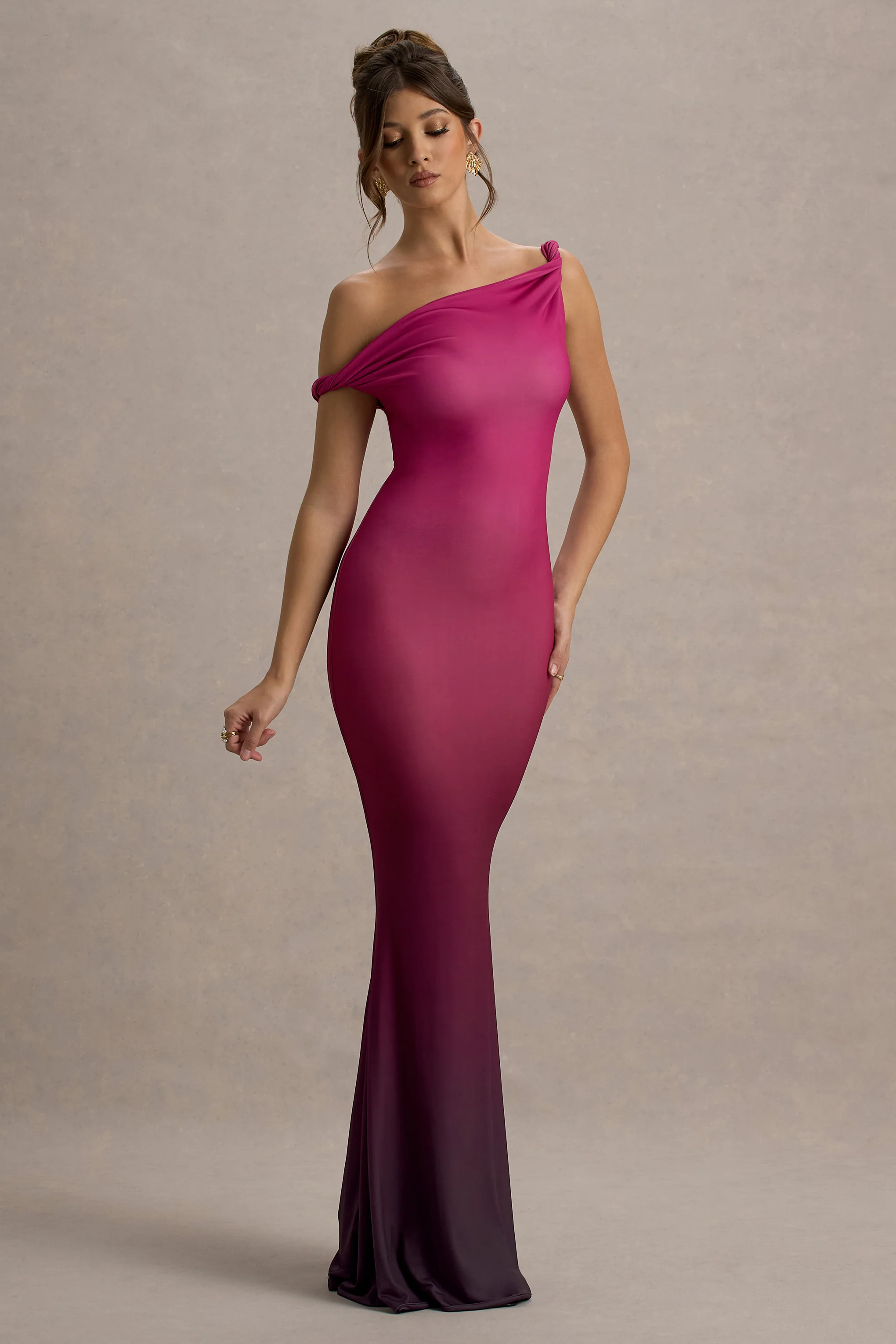 Exotic | Berry Ombre Twisted Asymmetric Maxi Dress
