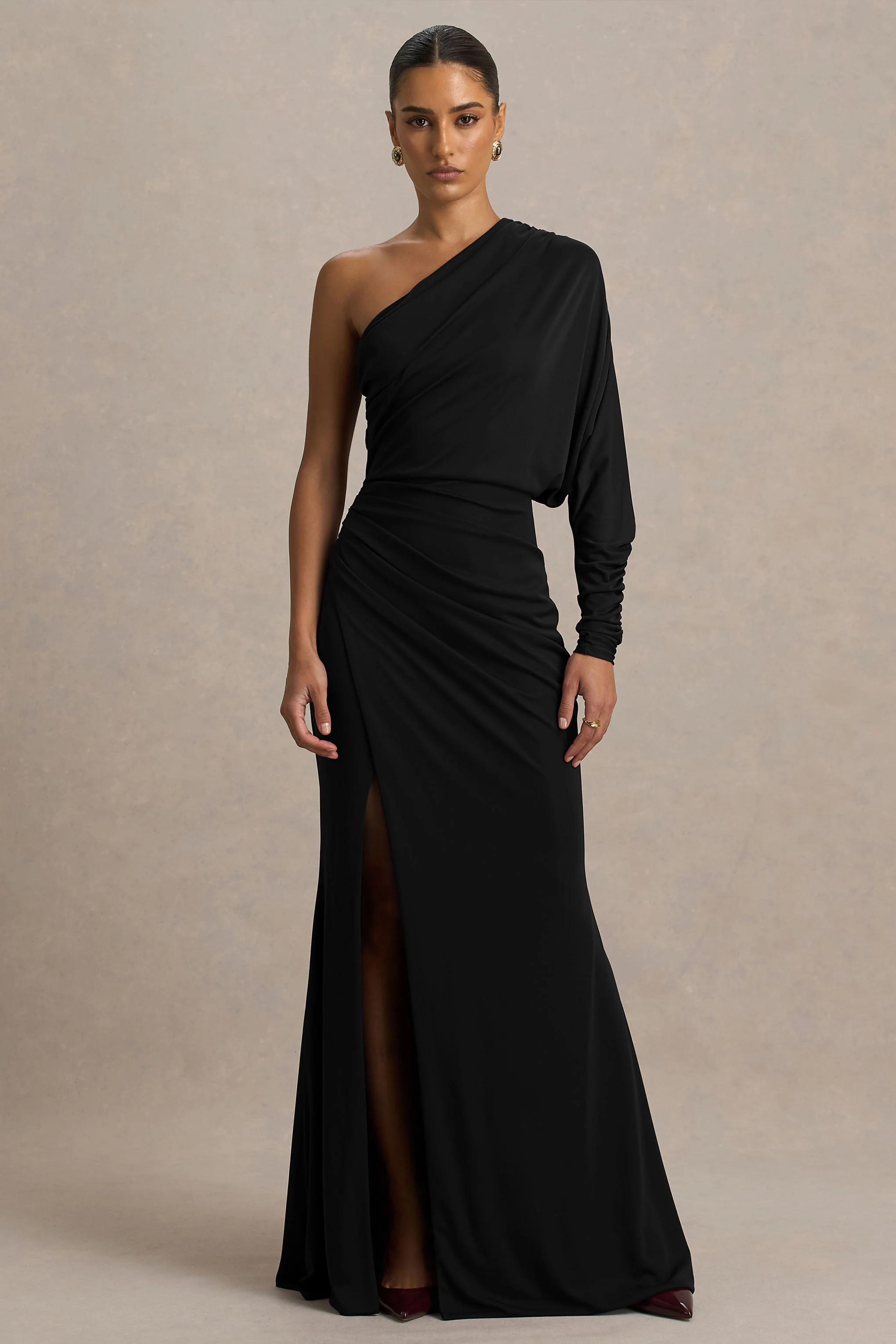 Lola | Black Asymmetric-Neck Maxi Dress With Ruched Detailing And Front High-Split