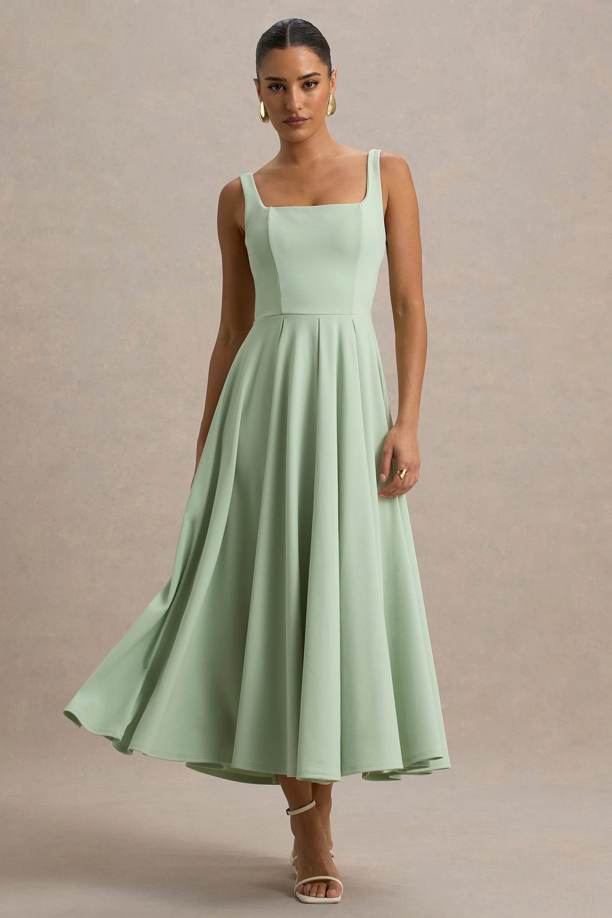 Parina | Light Green Strappy Volume-Hem Midi Dress