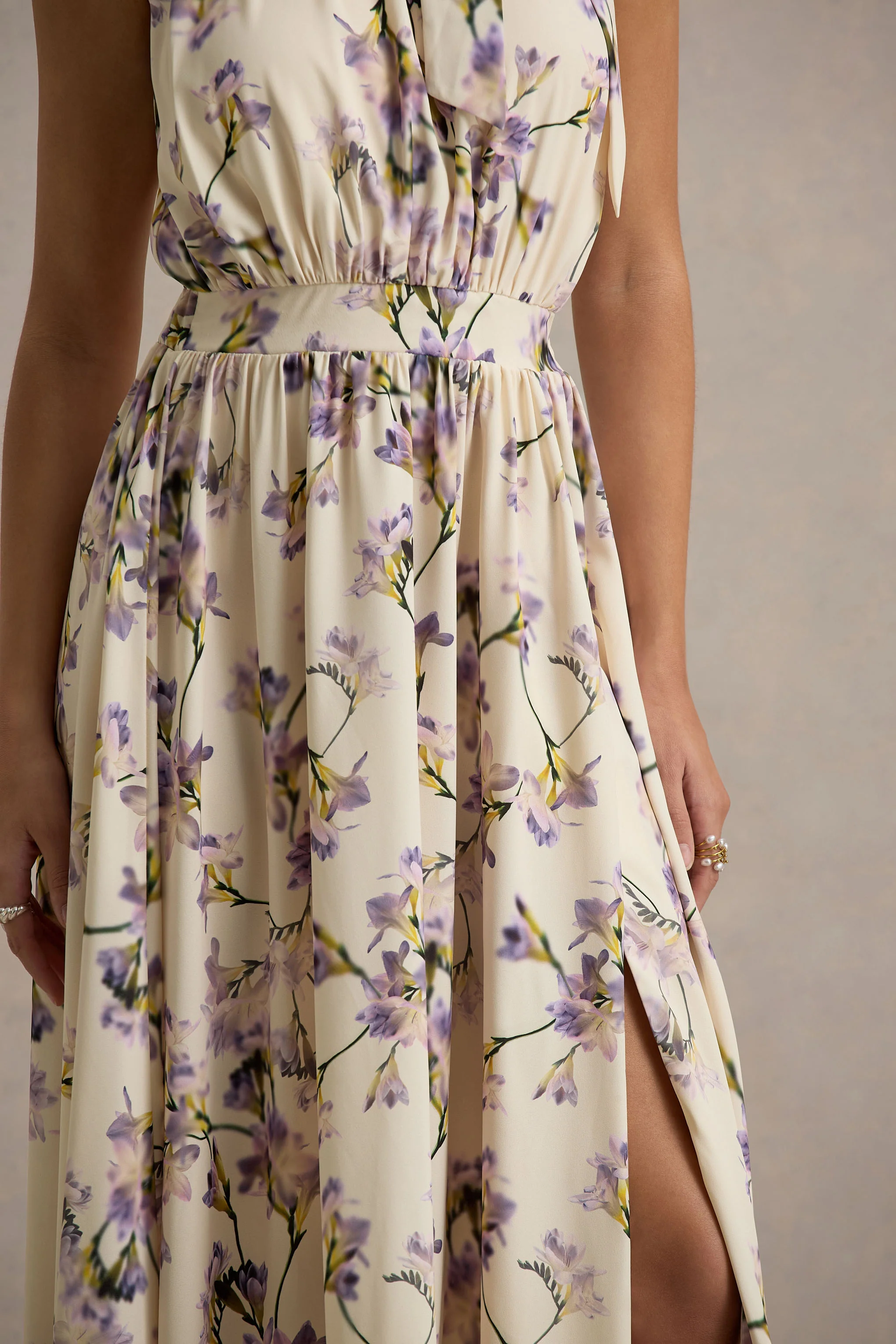 Talia | Lemon Floral Print High-Neck Split Maxi Dress With Bow