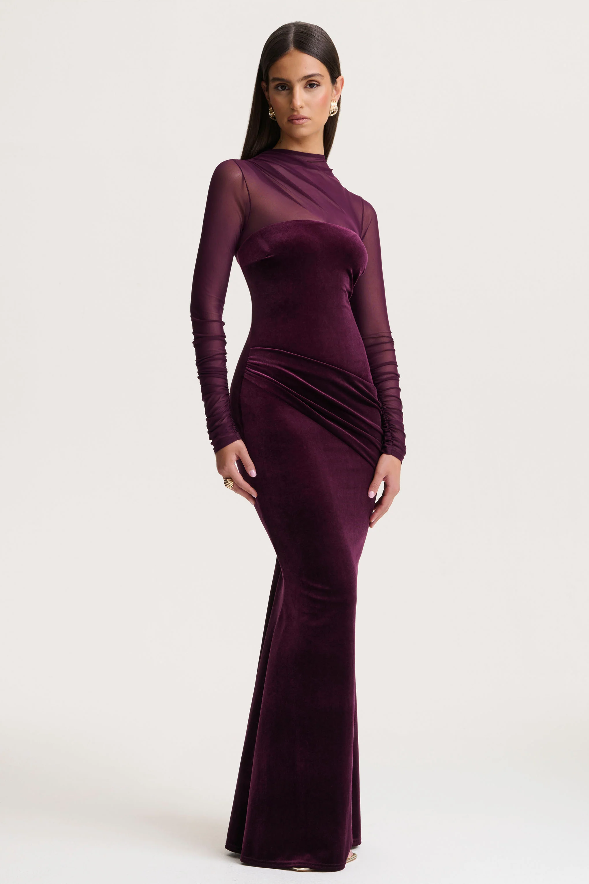 Cambria | Plum Velvet High-Neck Maxi Dress With Draped-Detailing