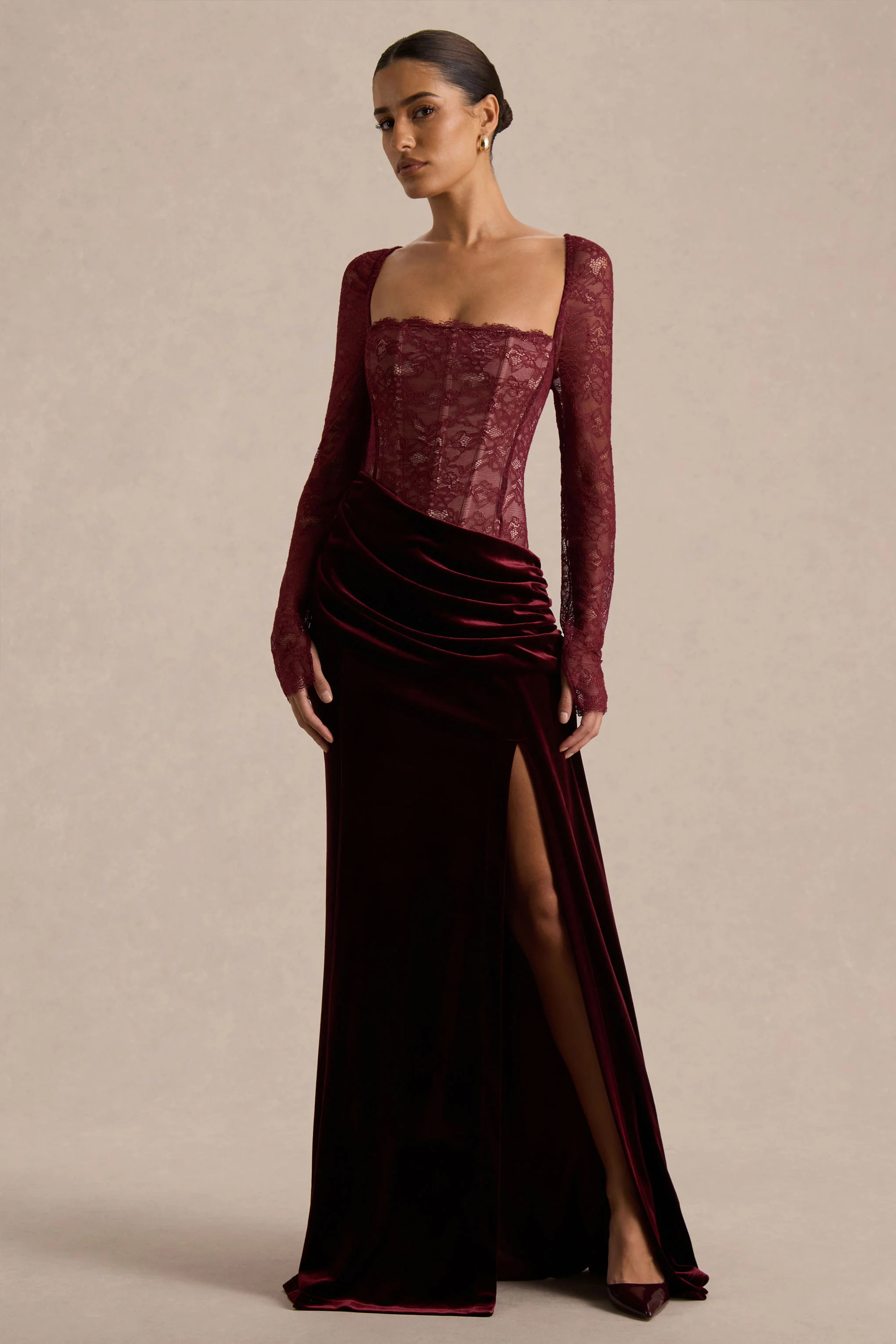 Finesse | Burgundy Lace And Velvet Square-Neck Maxi Dress With Draped Skirt