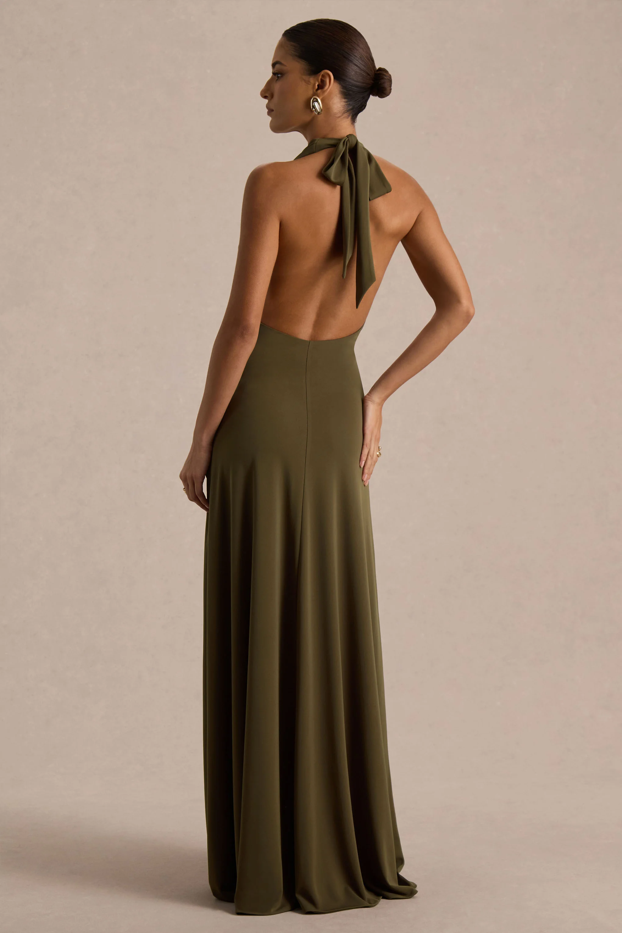 Mist | Olive Plunge-Neck Maxi Dress With Knot-Detail And Open-Back