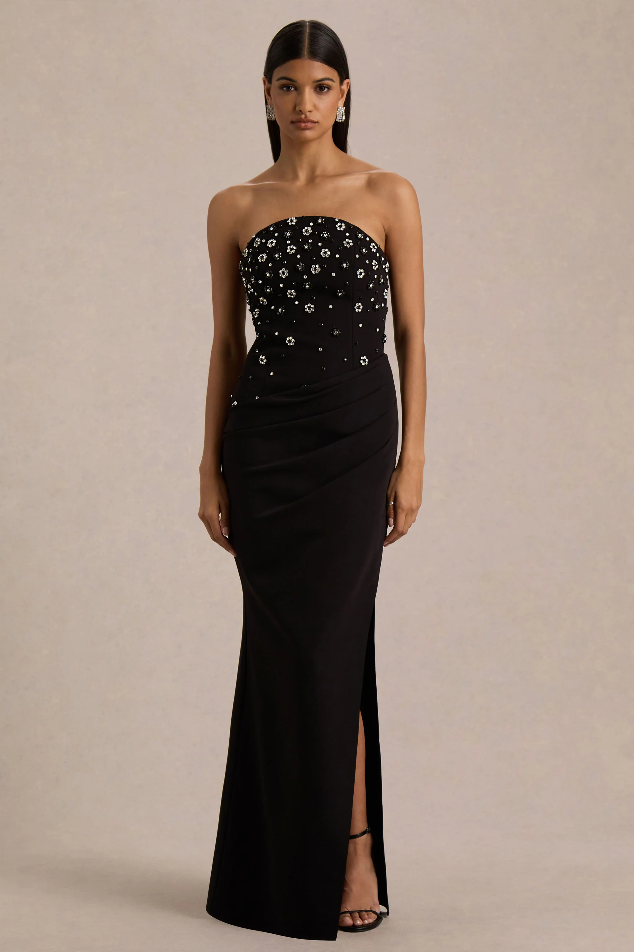 Saphira | Black Hand-Embellished Bandeau-Neck Maxi Dress